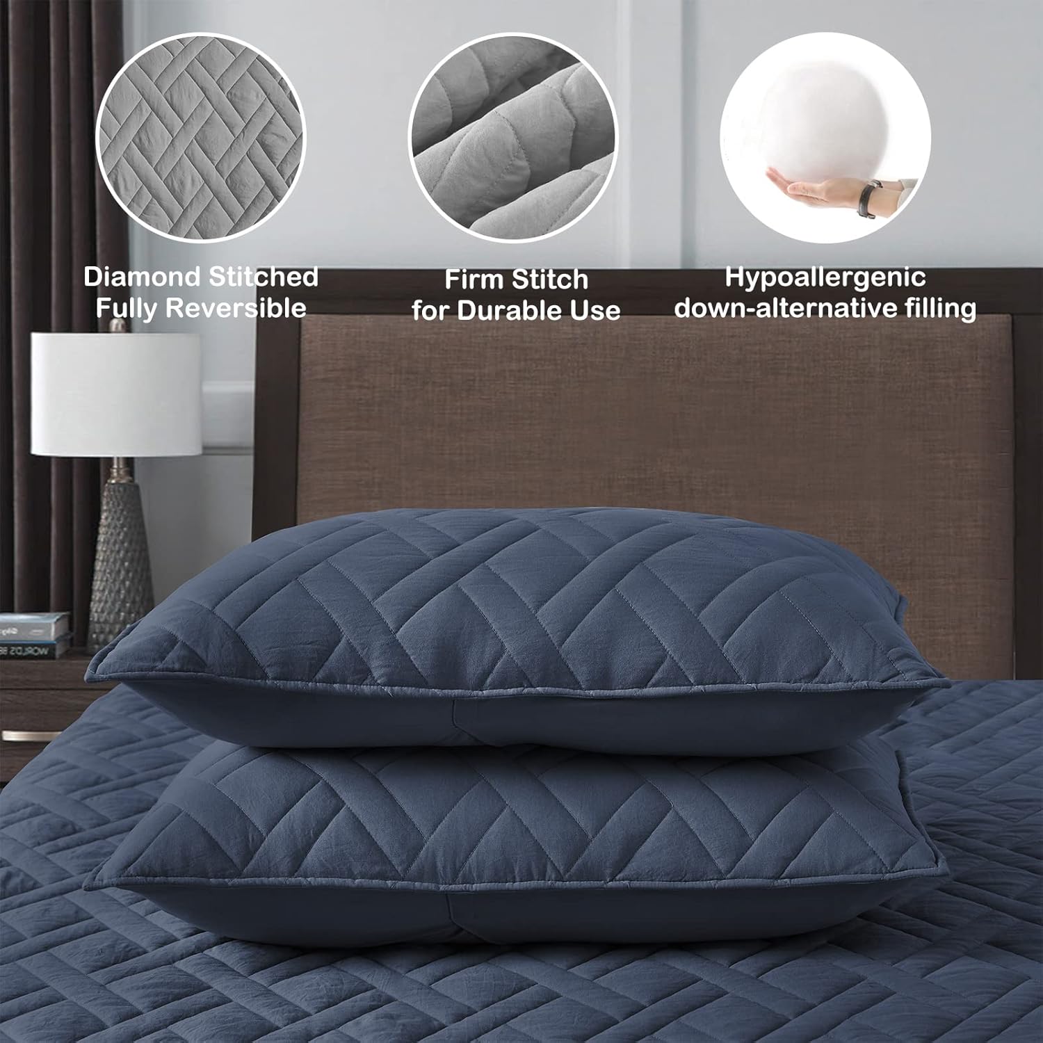 HORIMOTE HOME Queen Size Navy Blue Diamond Quilt Set