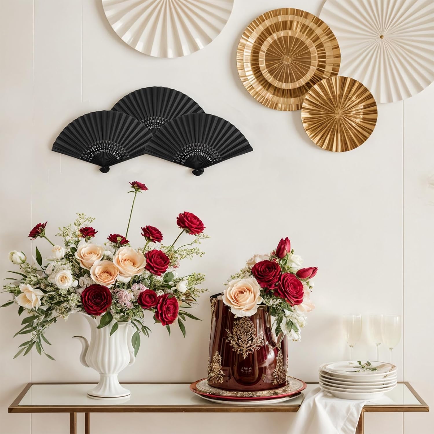 JOHOUSE 12 Pack Black Paper Folding Fans for Women