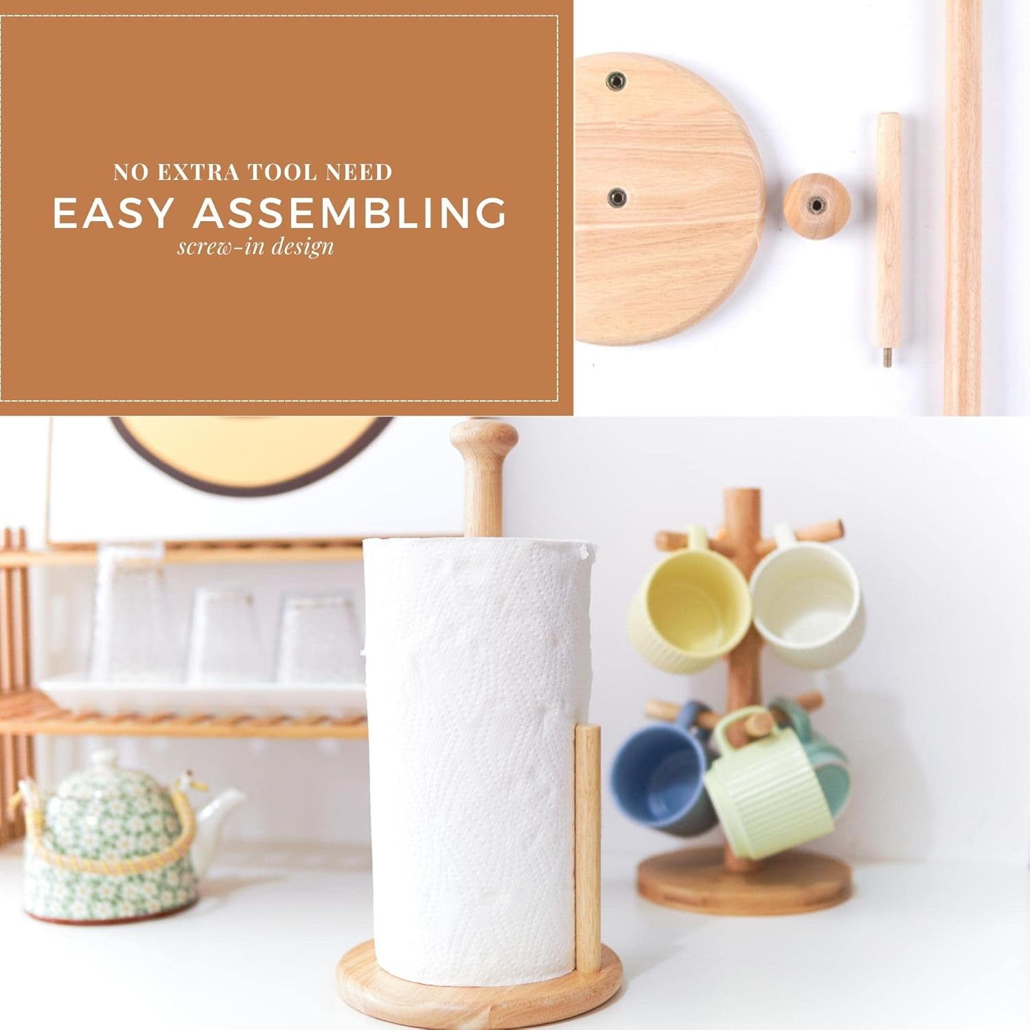 E-ROOM TREND Paper Towel Holder Large Base 7 Inch Wooden Natural