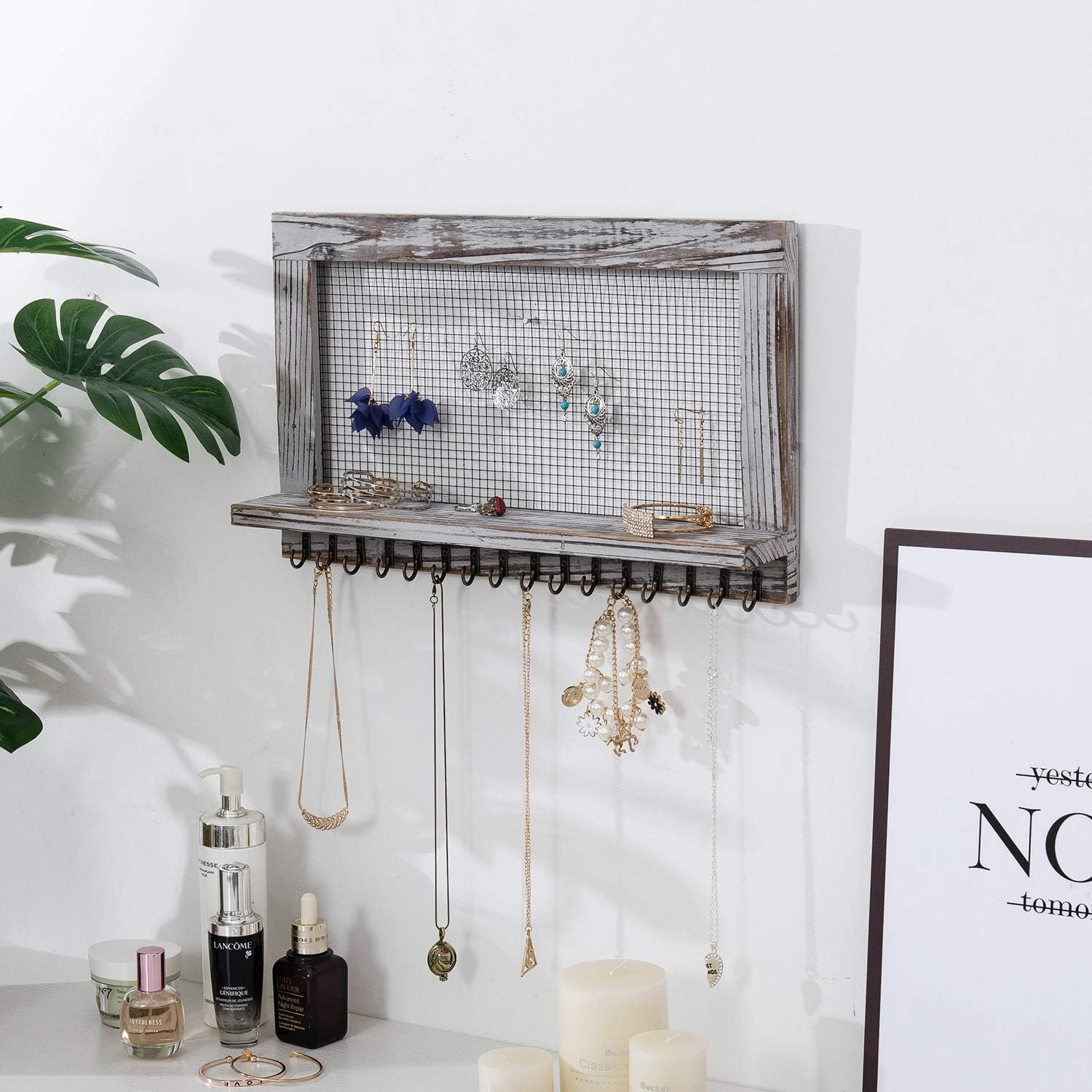 canwedance Rustic Wood Jewelry Organizer with 16 Hooks and 1 Pole