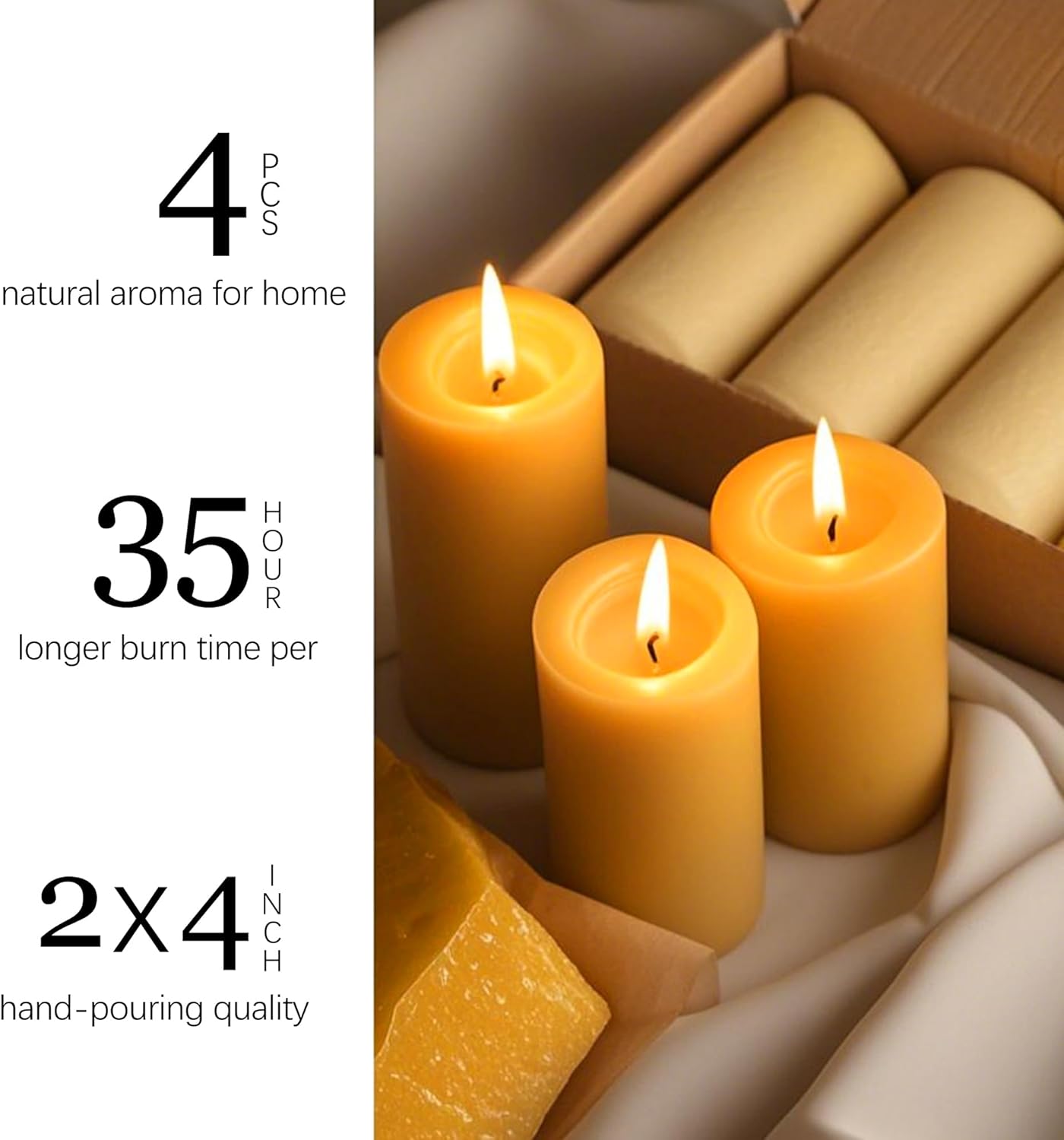 Natural Beeswax Candles 4 Pack with 140 Hours Burn Time