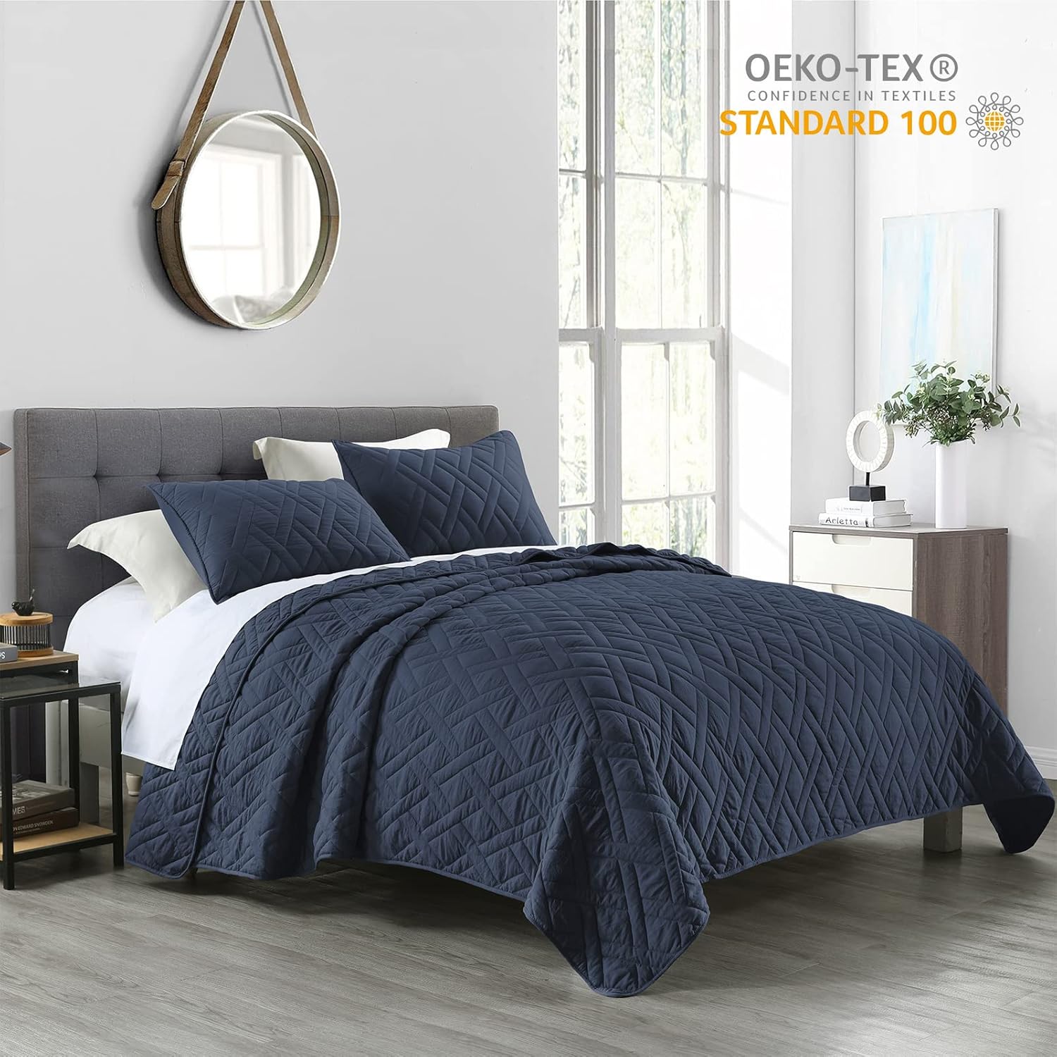 HORIMOTE HOME Queen Size Navy Blue Diamond Quilt Set