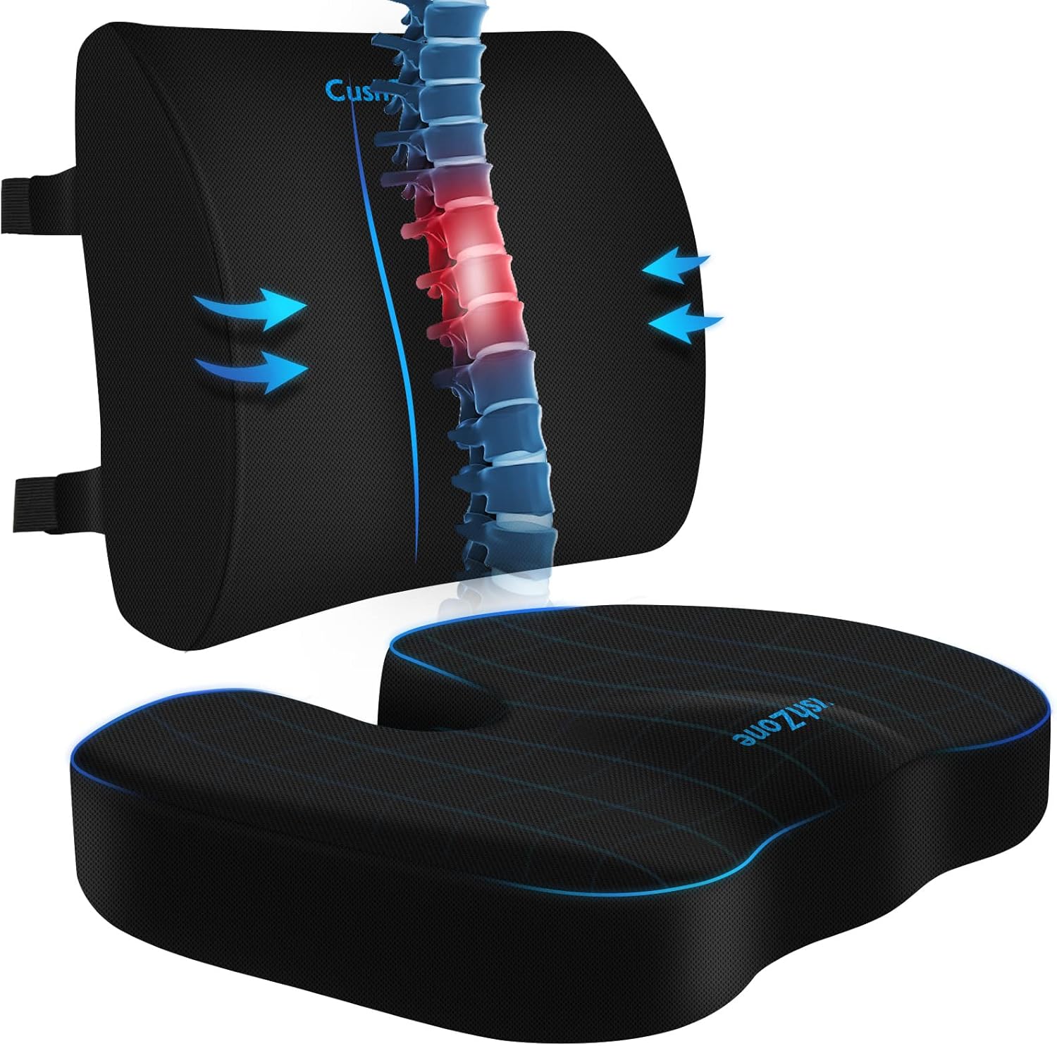 CushZone Seat Cushion with Lumbar Support and Adjustable Strap - Black