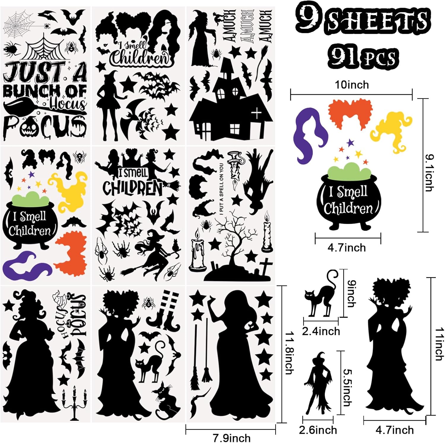 Hocus Pocus Halloween Window Clings Set 91pcs Double-Sided