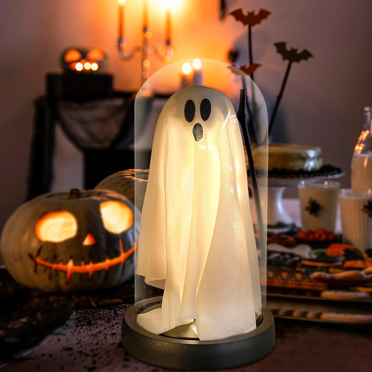 Light Up Ghost Glass Cloche Halloween Decor