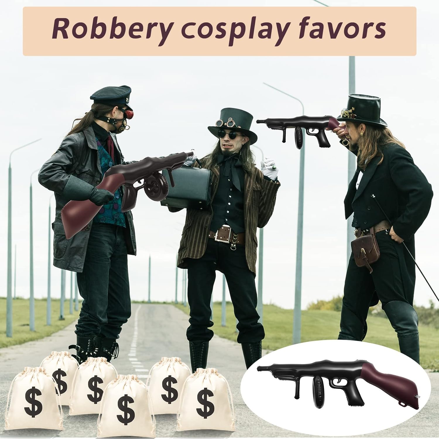 Zhanmai 6 Pcs Inflatable Gun Props Money Bag Set