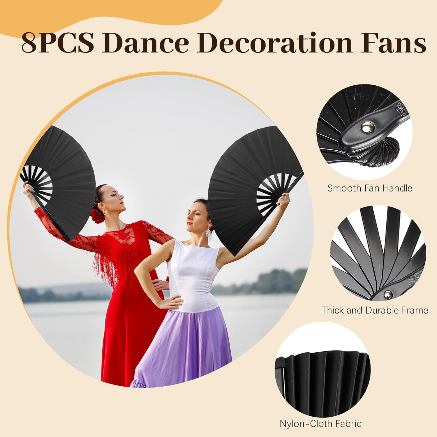 8pcs Large Folding Fans Set for Line Dance and Popping - Black