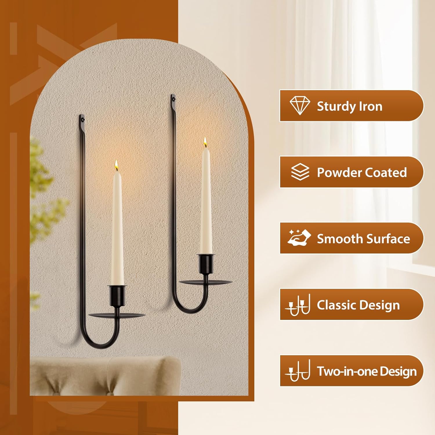 Candle Sconces Set of 2 Taper Pillar Wall Candle Holders Black