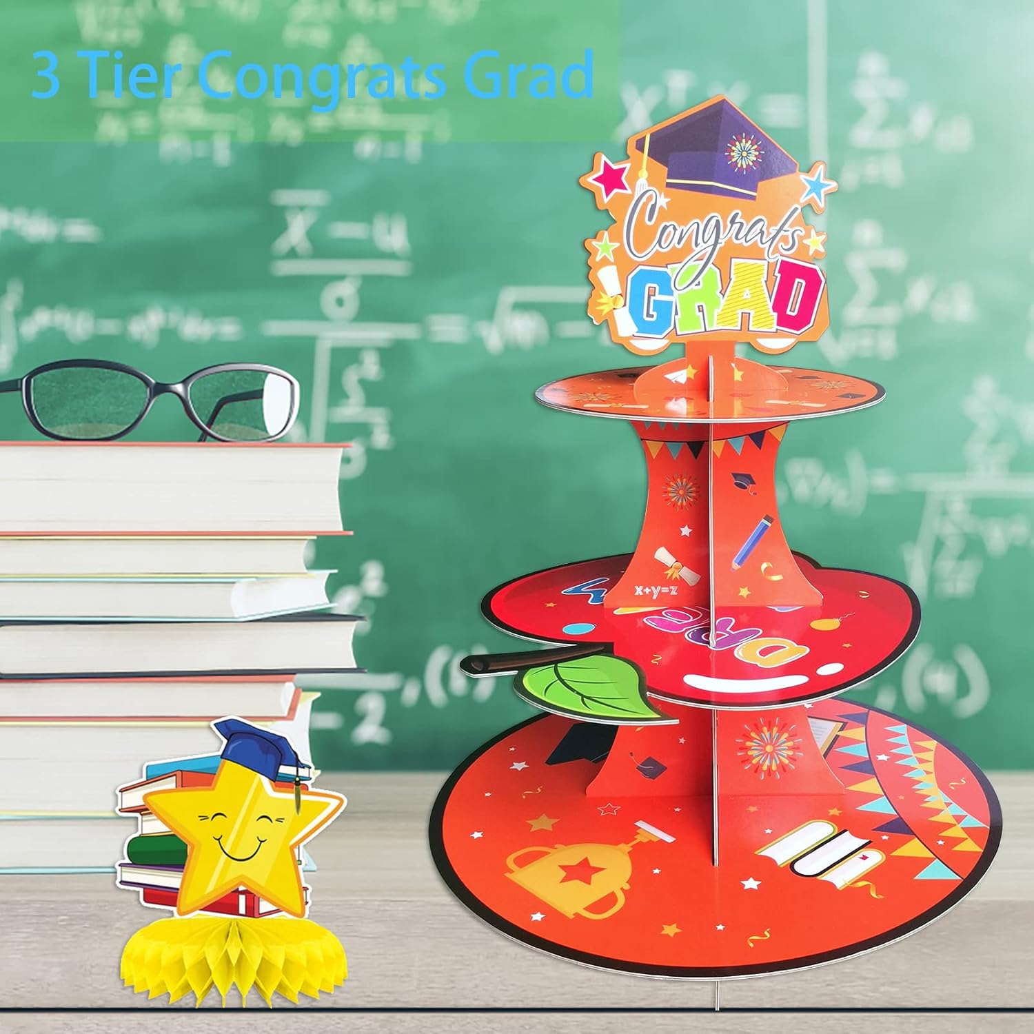 Kindergarten Graduation Cupcake Stand - 3 Tier Cardboard Dessert Tower with Congrats Grad Topper