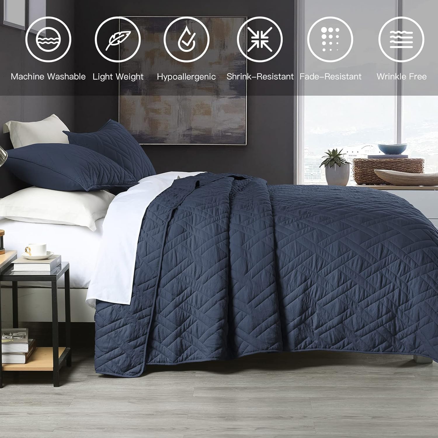 HORIMOTE HOME Queen Size Navy Blue Diamond Quilt Set