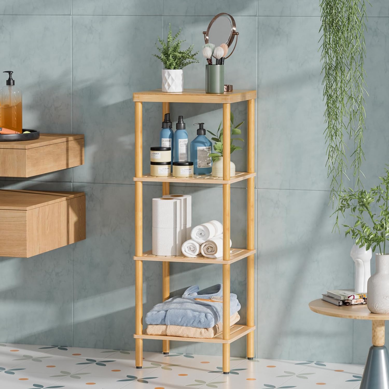 AmazerBath Bamboo 4-Tier Shelf Space Saver for Bathroom Kitchen Living Room