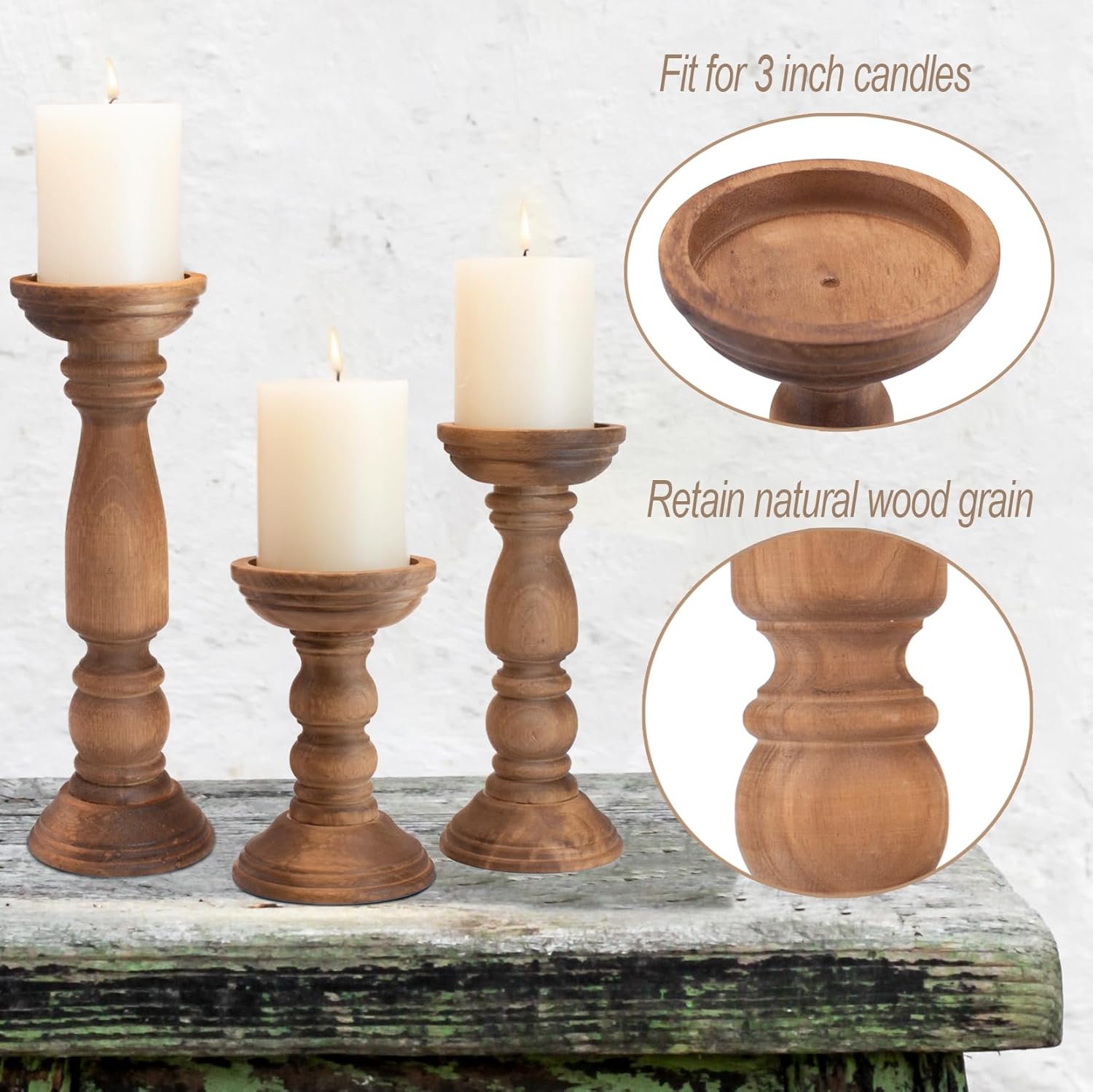 BANOMII Farmhouse Wooden Candle Holder Set of 3