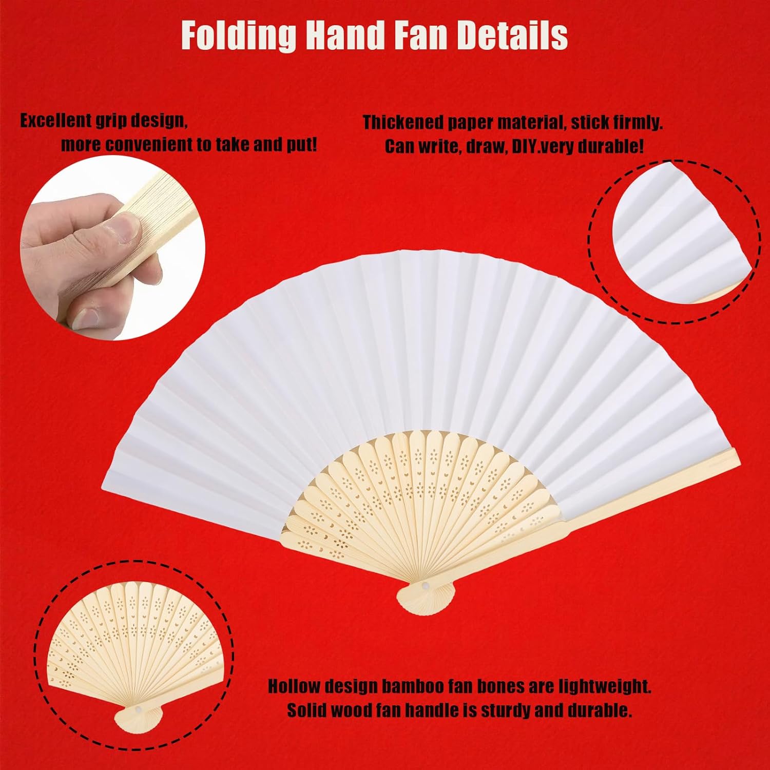 12 Pack 83 Inch White Folding Paper Hand Fan for Women