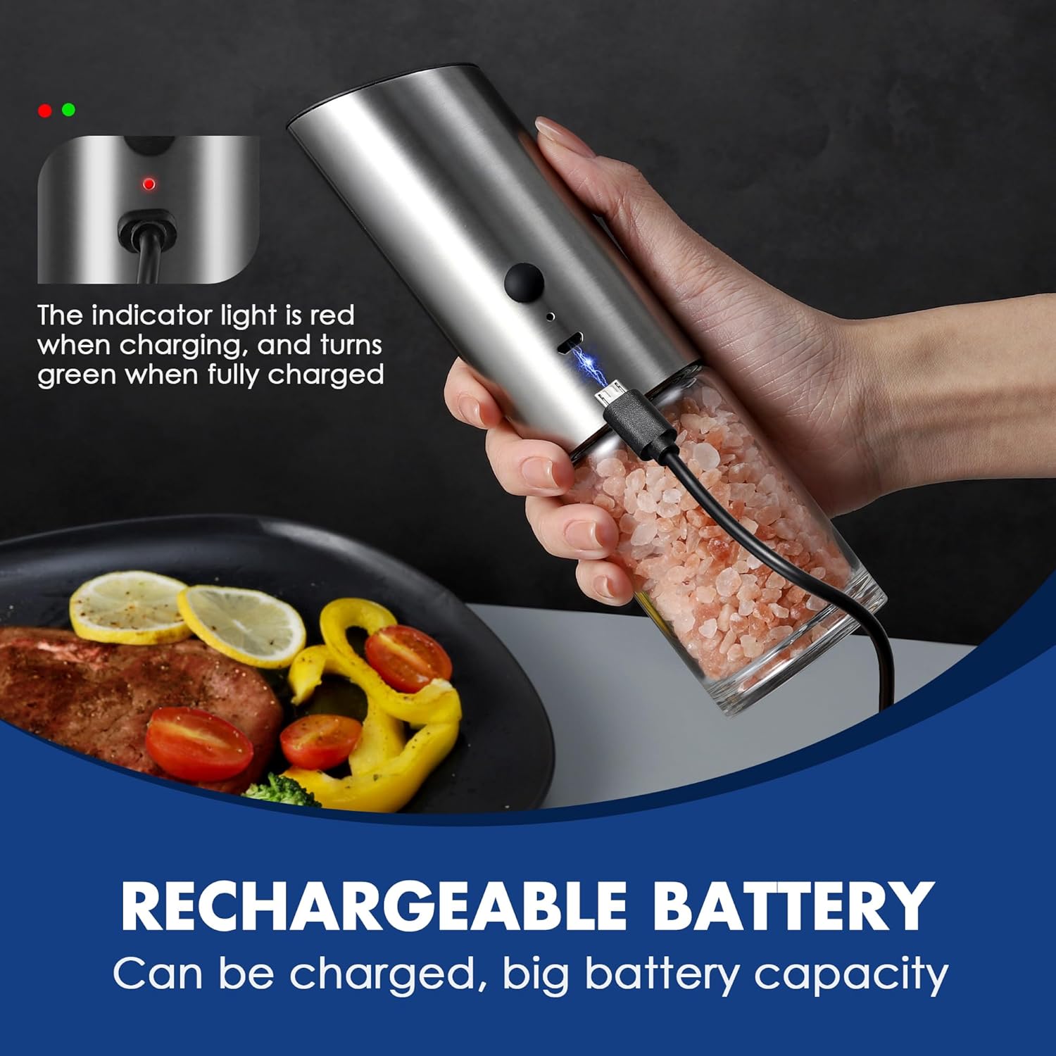 Vzaahu Gravity Electric Pepper and Salt Grinder Set of 2 - Rechargeable and Adjustable
