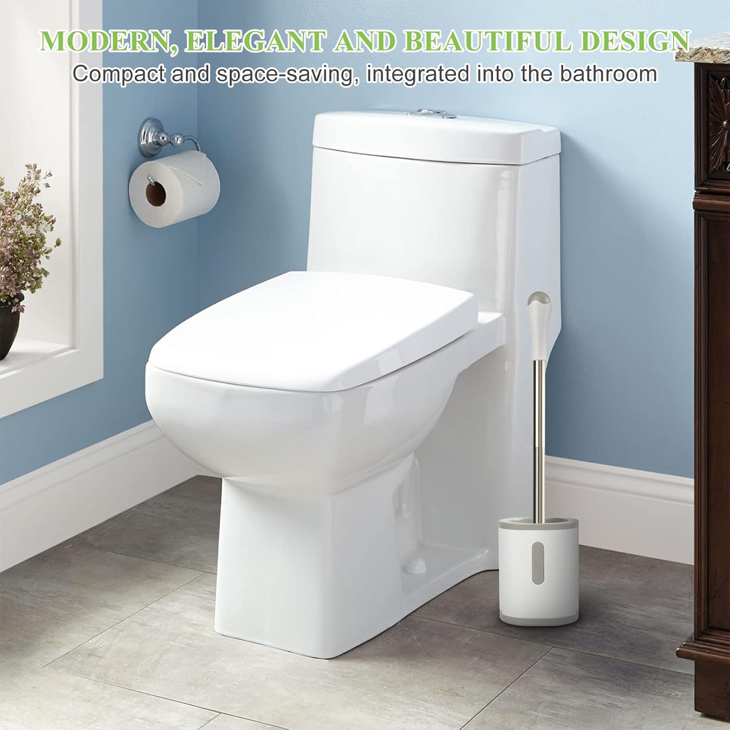 AONEZ Compact Toilet Brush Holder with Stainless Steel Handle