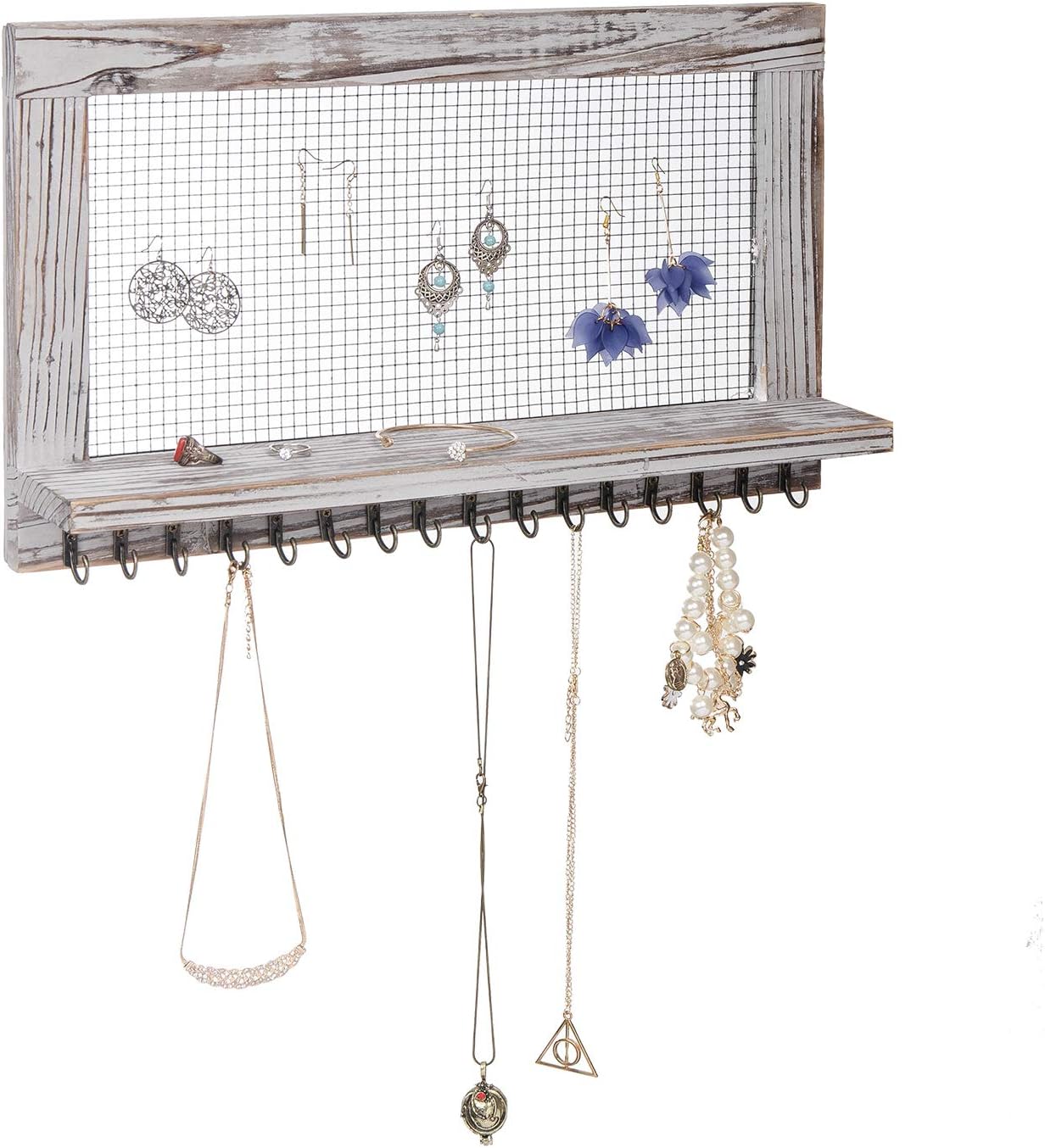 canwedance Rustic Wood Jewelry Organizer with 16 Hooks and 1 Pole