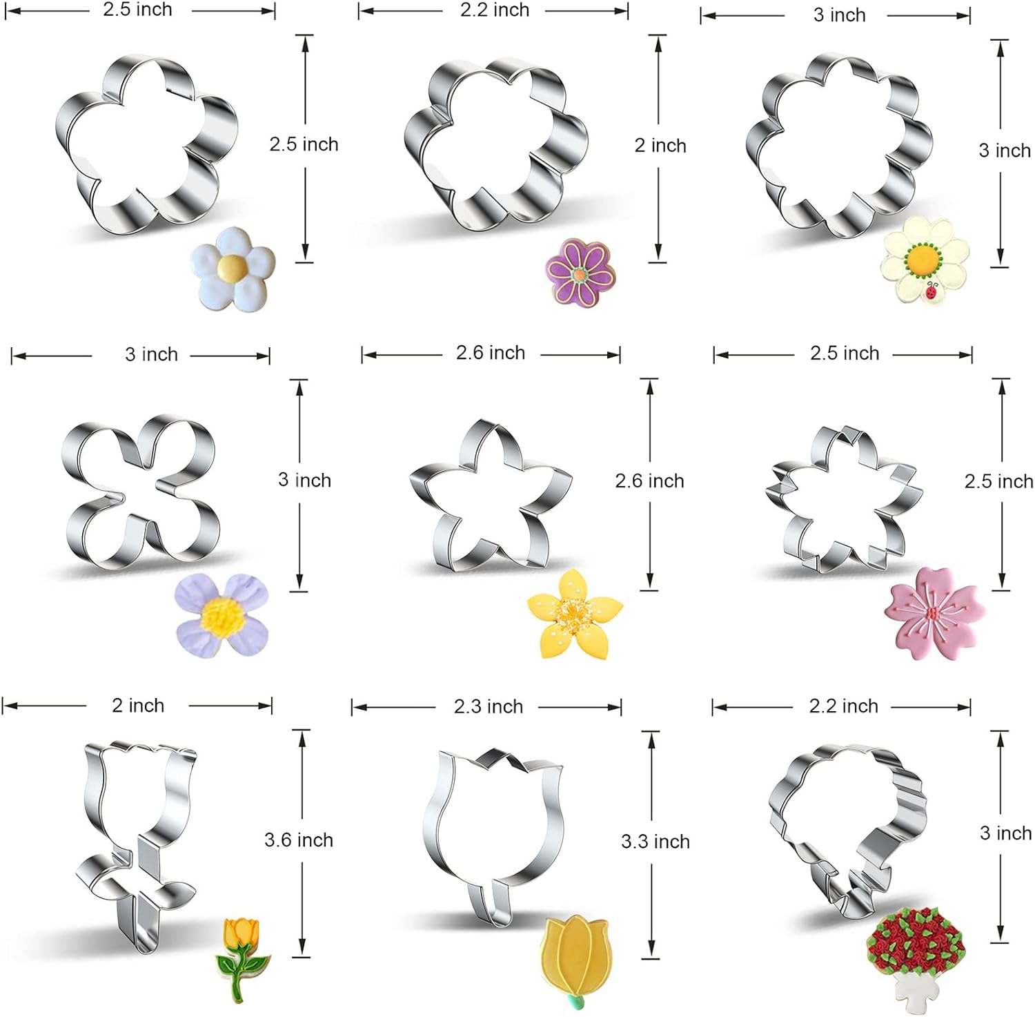 Flower Cookie Cutter Set 9 Piece Stainless Steel
