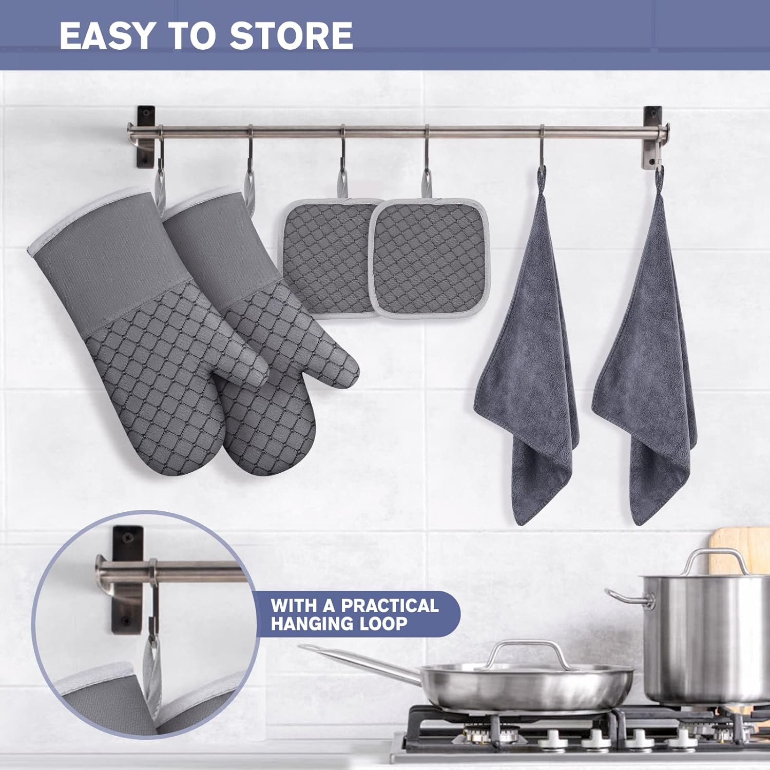 6 Pcs Oven Mitts and Pot Holders Set Grey