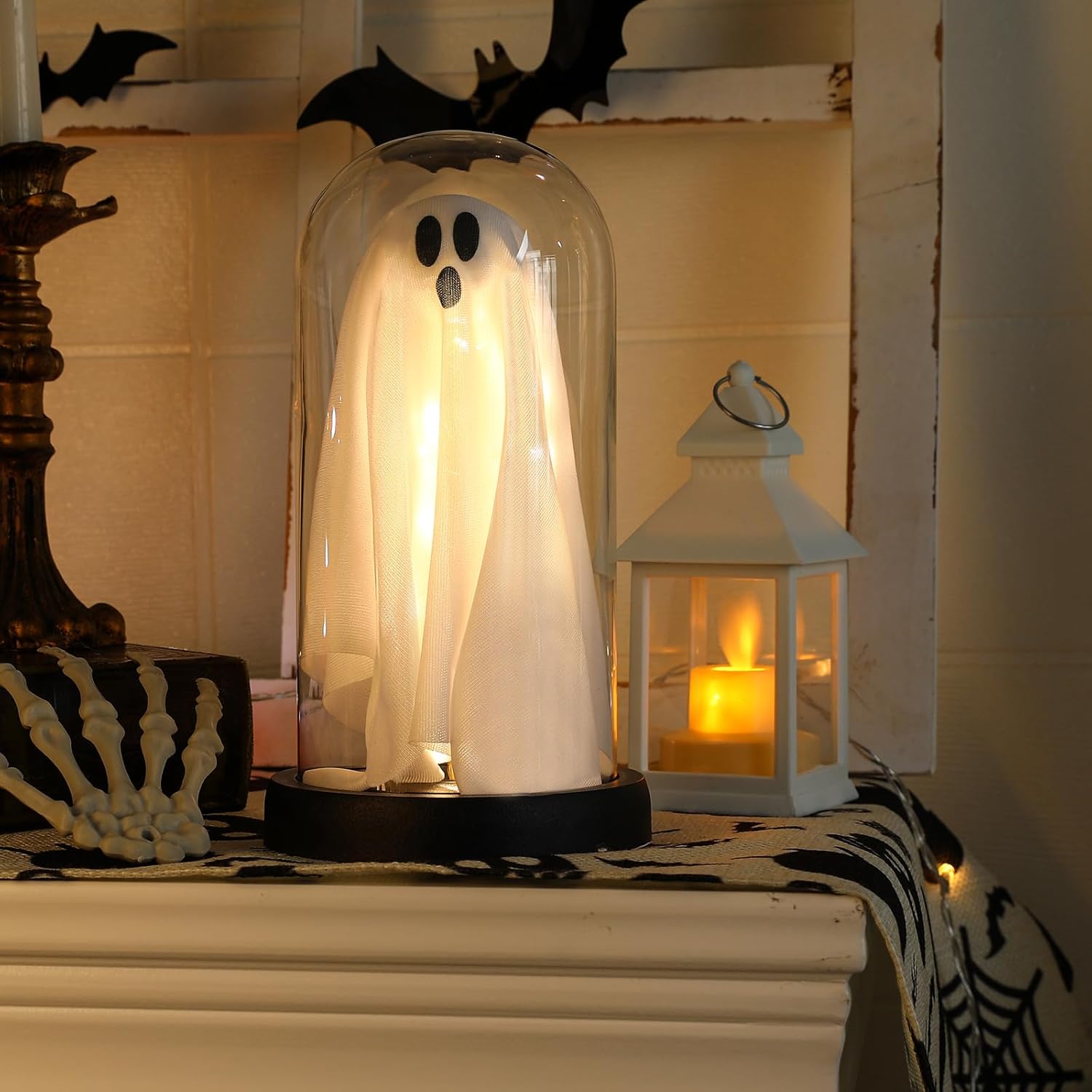 Light Up Ghost Glass Cloche Halloween Decor
