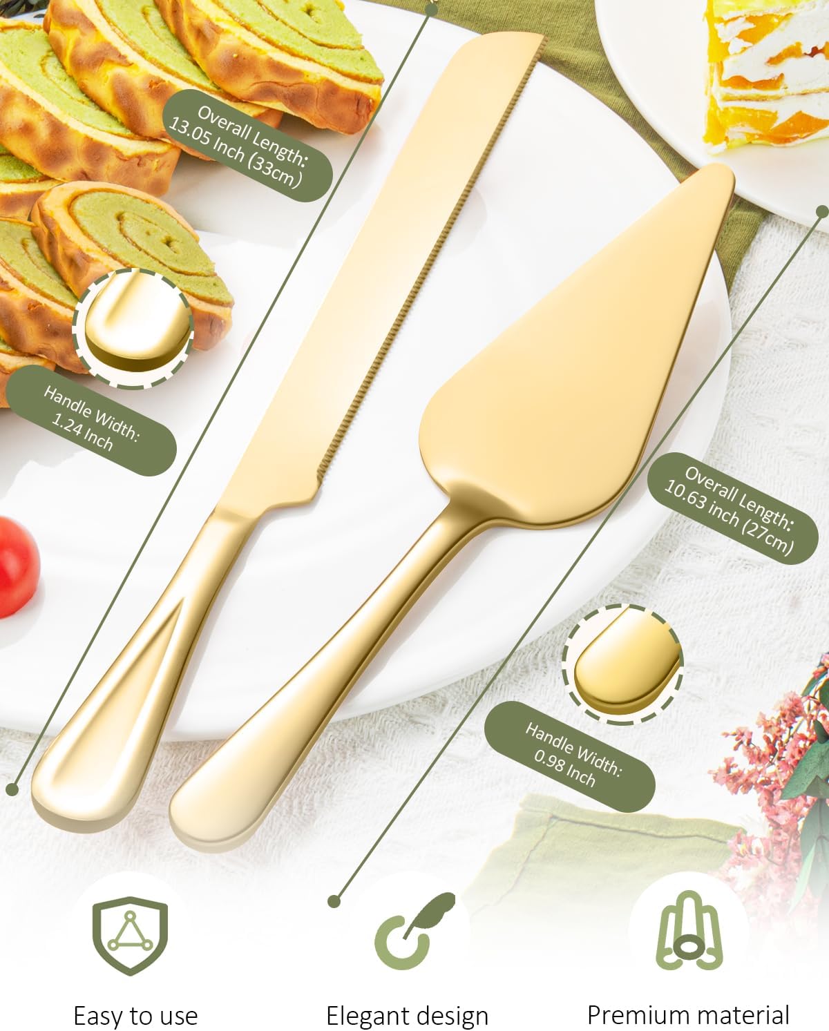 FTAKRY 13-Inch Cake Cutting Set with Gold Finish
