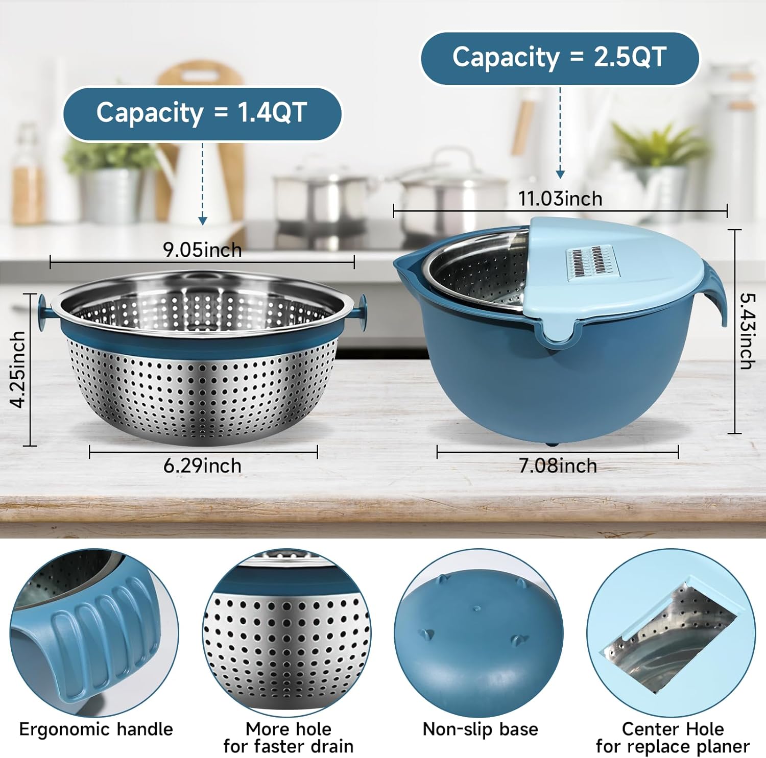4 in 1 Colander with Mixing Bowl Set - Blue