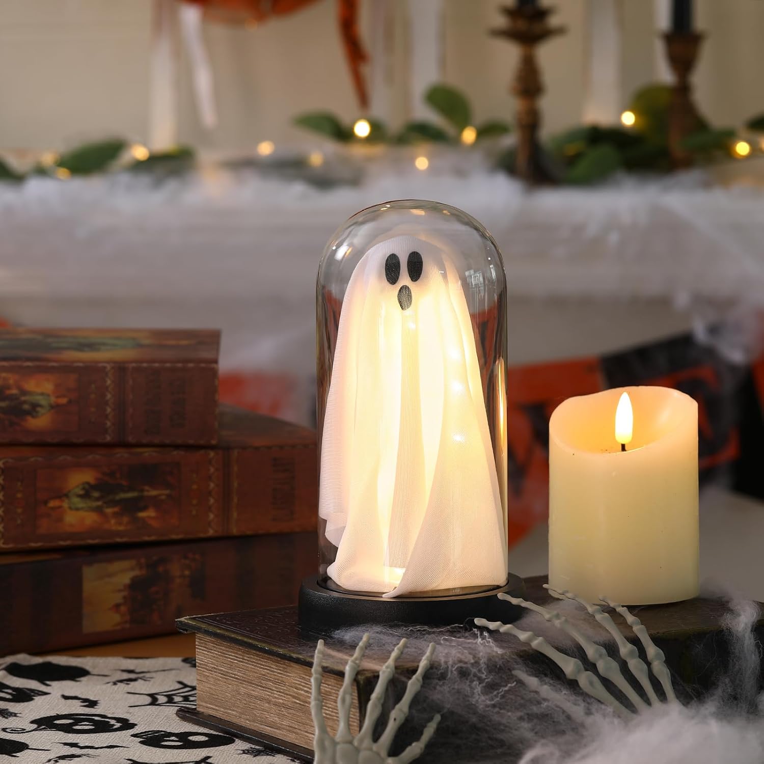 Light Up Ghost Glass Cloche Halloween Decor