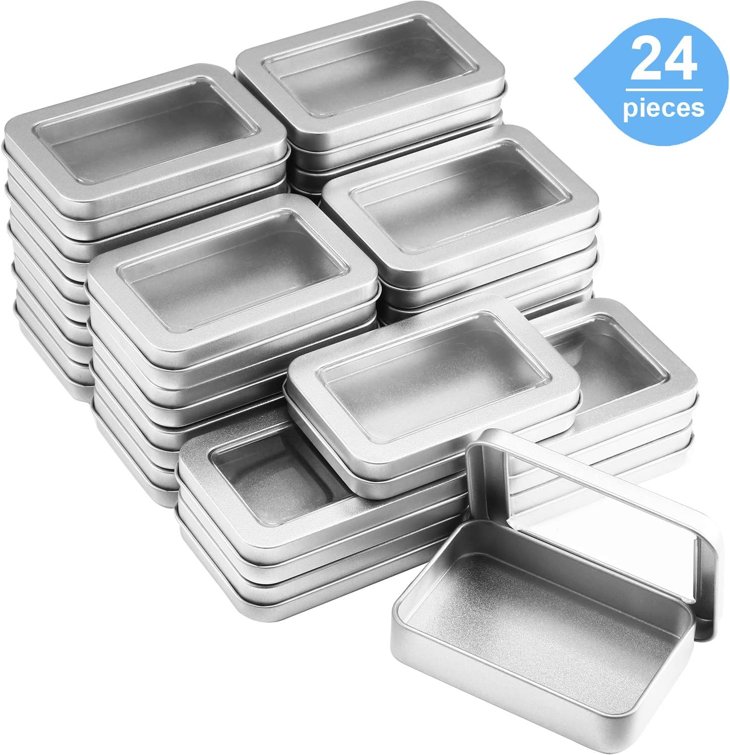 24 Piece Clear Top Tin Box Set with Lids - Silver