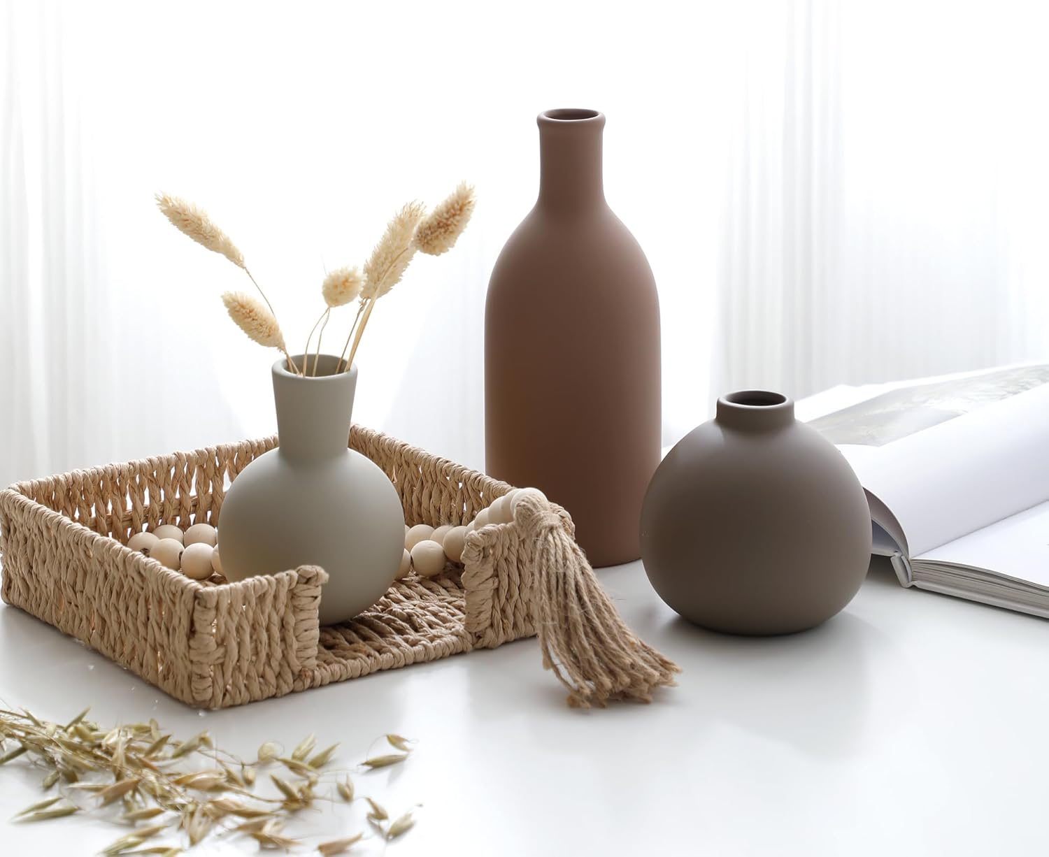 Ceramic Vase Set of 3 Brown Rustic Farmhouse Decor