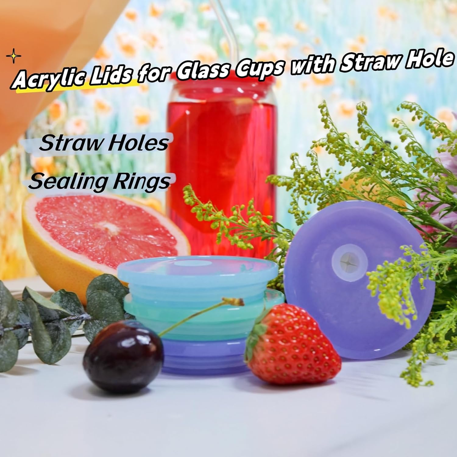 4 Pack Acrylic Lids for Glass Cups with Bamboo Lids and Straws