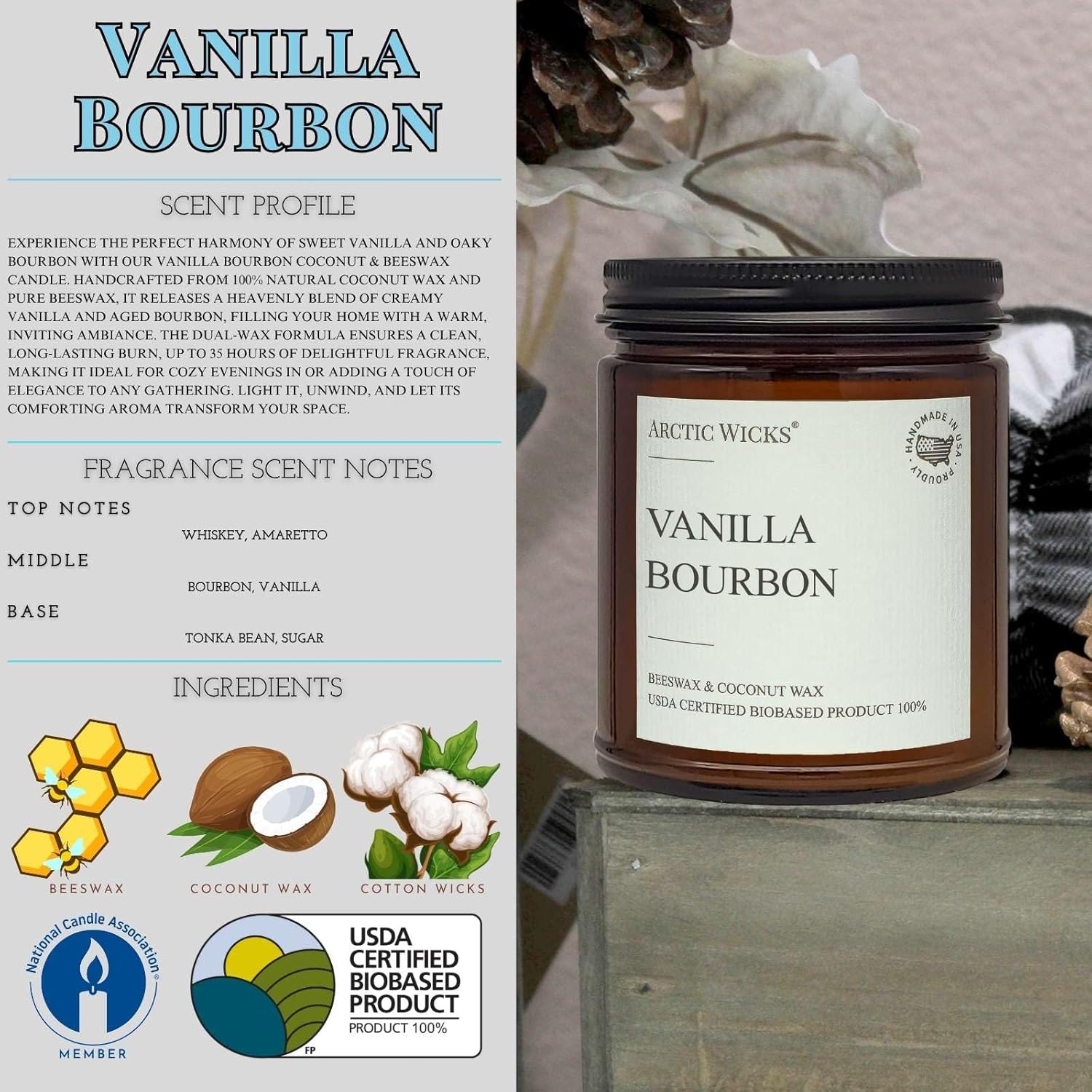 Vanilla Bourbon Candle - 9oz Natural Coconut Beeswax