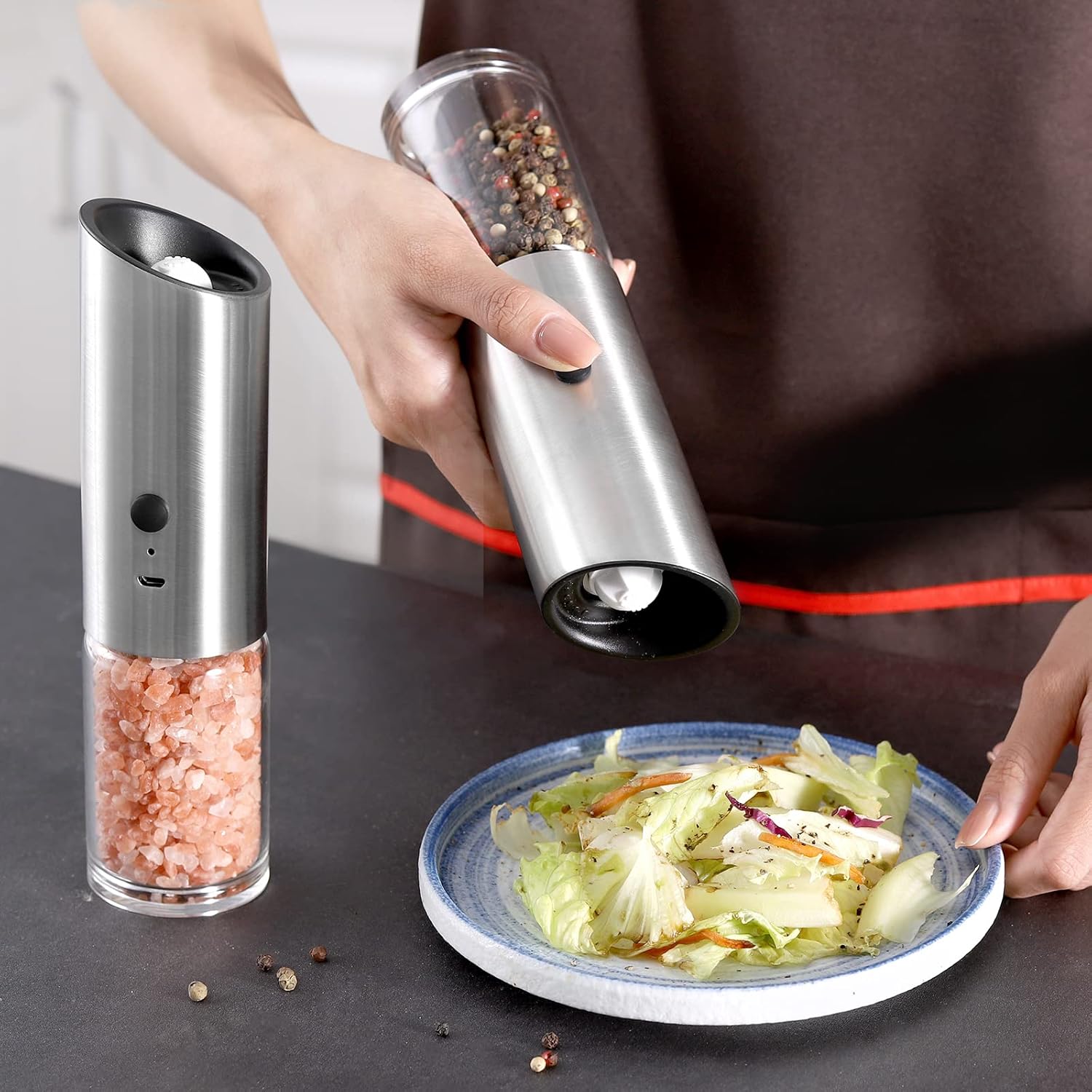 Vzaahu Gravity Electric Pepper and Salt Grinder Set of 2 - Rechargeable and Adjustable