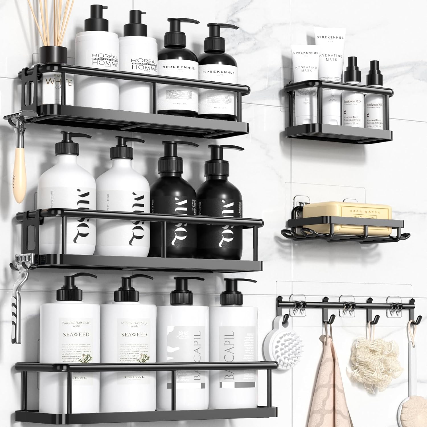 Yasonic Shower Caddy 6 Pack Black Rustproof Organizer