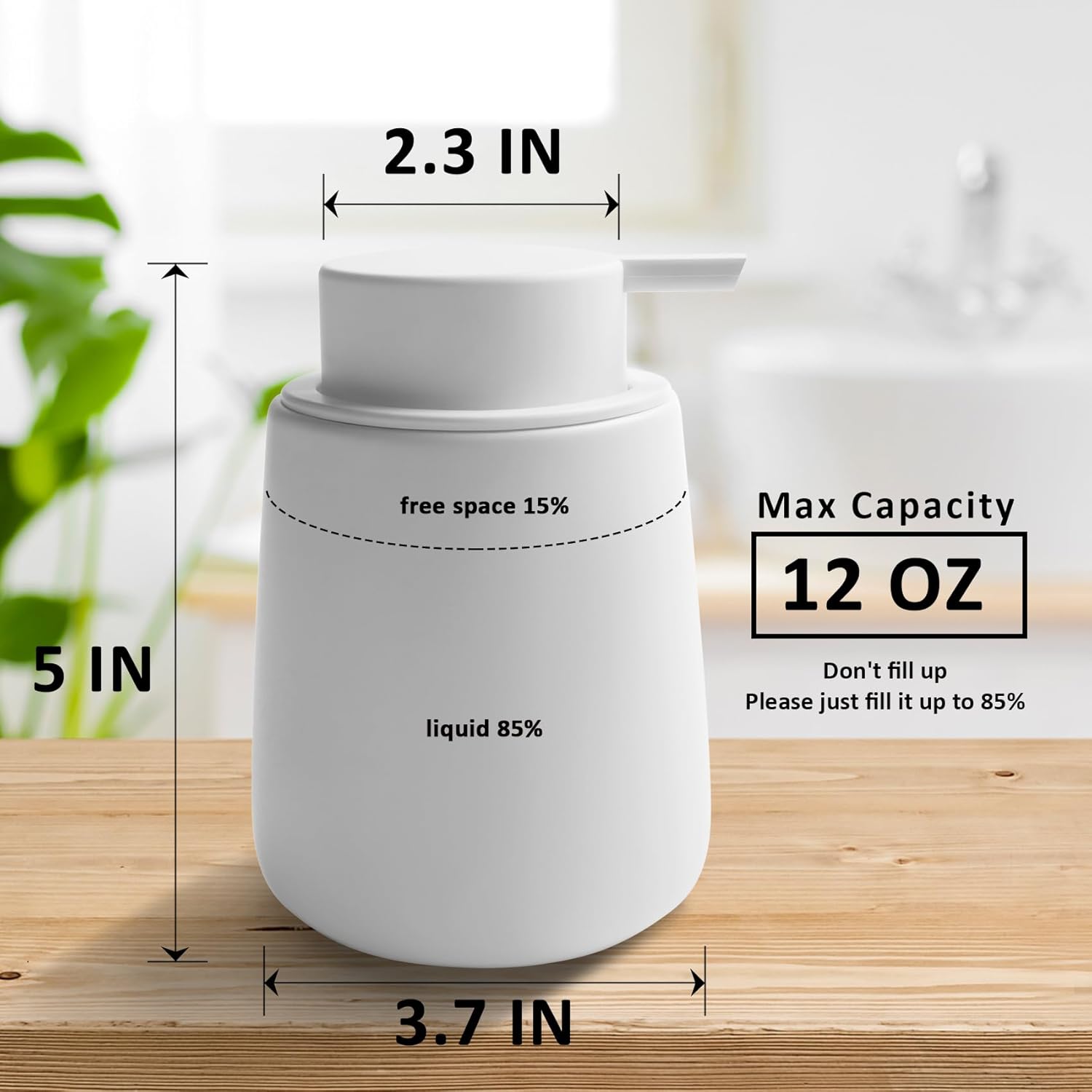 Ceramic Soap Dispenser with Easy to Press Pump 12 oz White