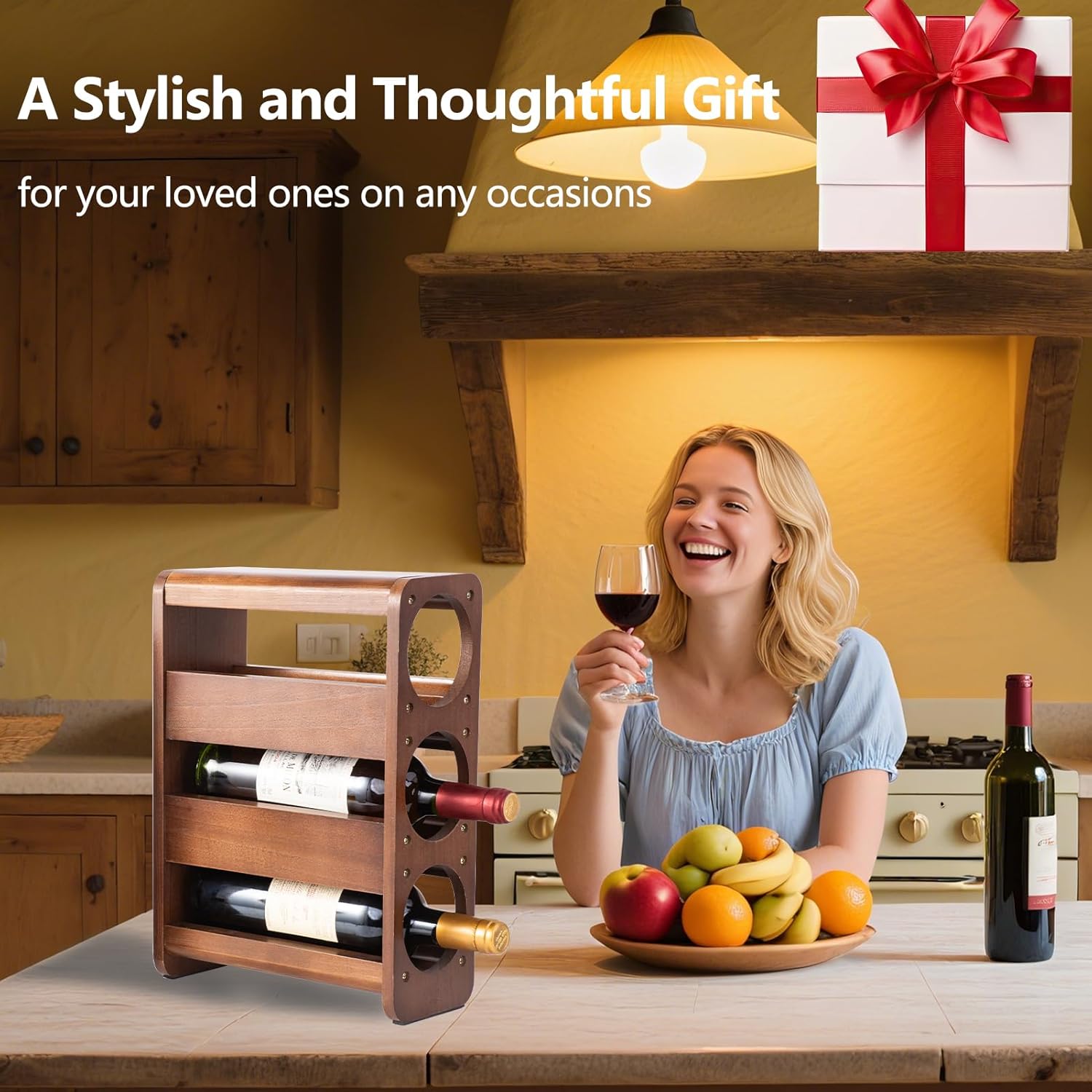 3 Bottle Tabletop Wine Rack Pine Wood Holder