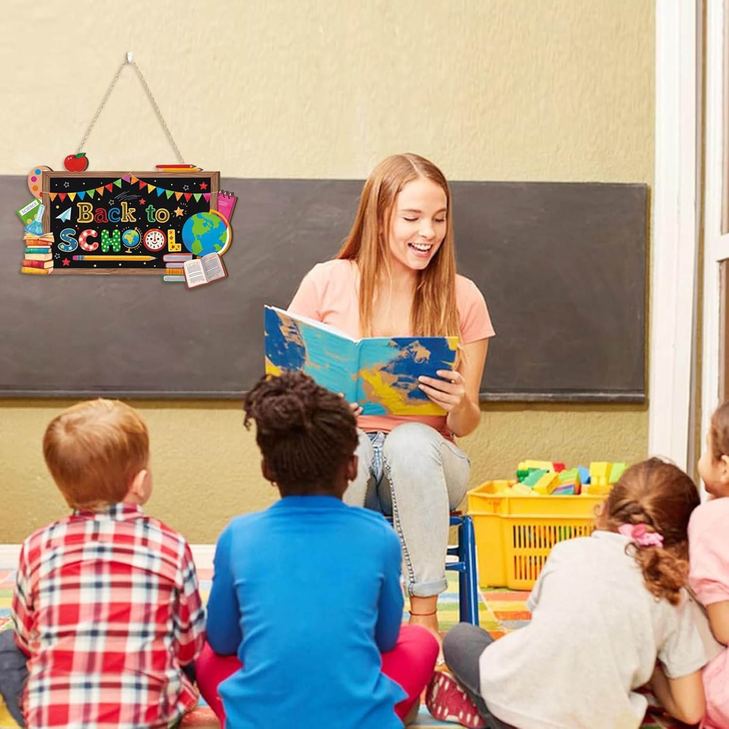 Aryroi Back to School Wood Sign with Books and Apple