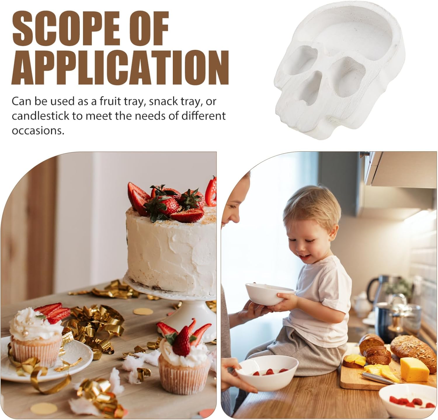 Ciieeo Skull Wood Bowl Candle Holder Halloween Snack Serving Tray Reusable Skeleton Centerpiece