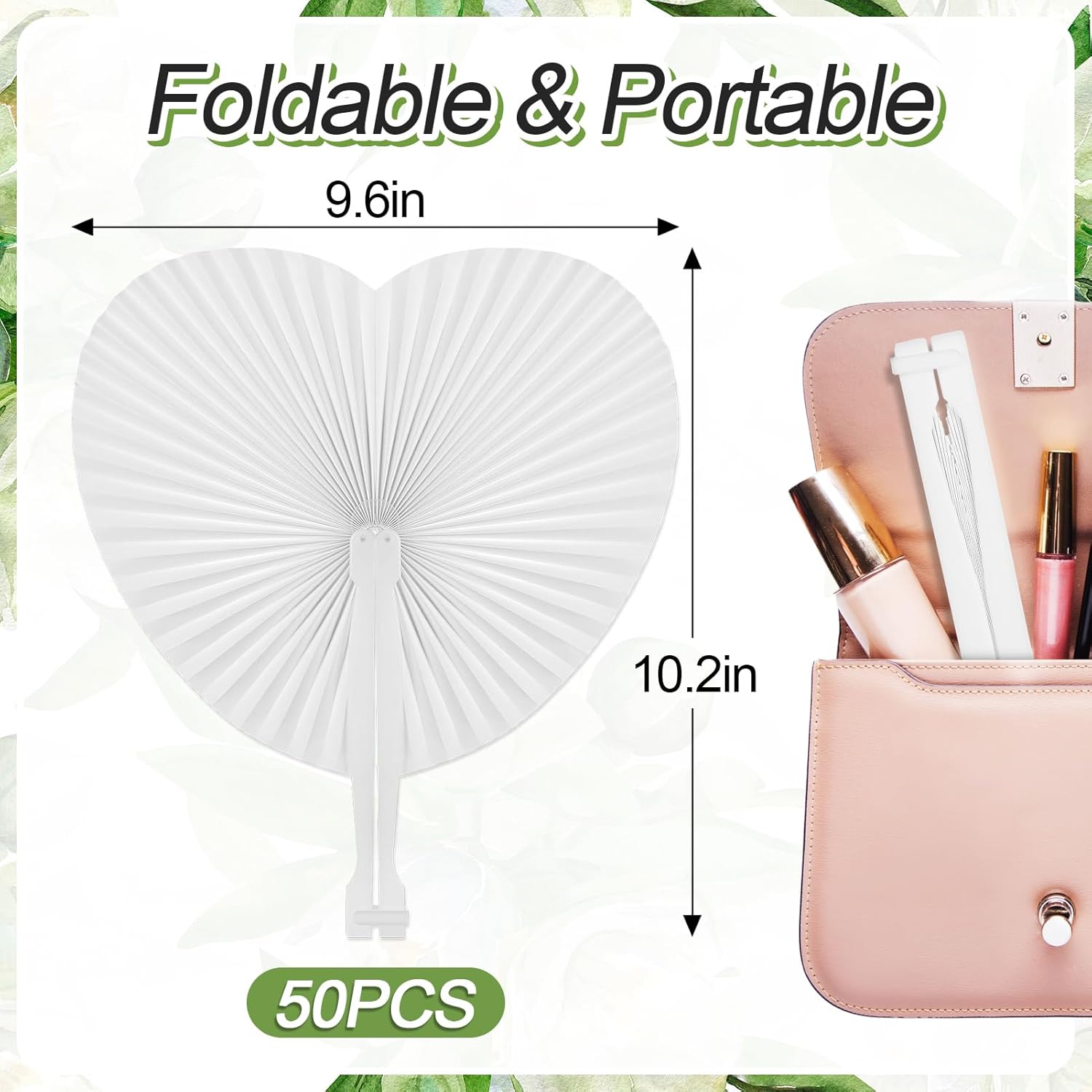 Cosweet 50 Pack White Heart Shaped Folding Fans