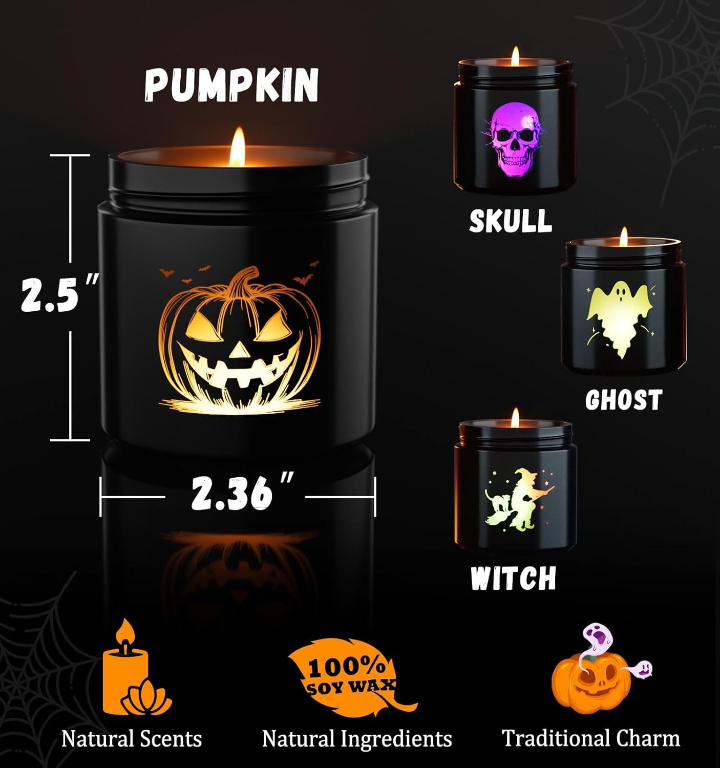 Halloween Candle Set 4 Pack with Pumpkin Skull Ghost Witch
