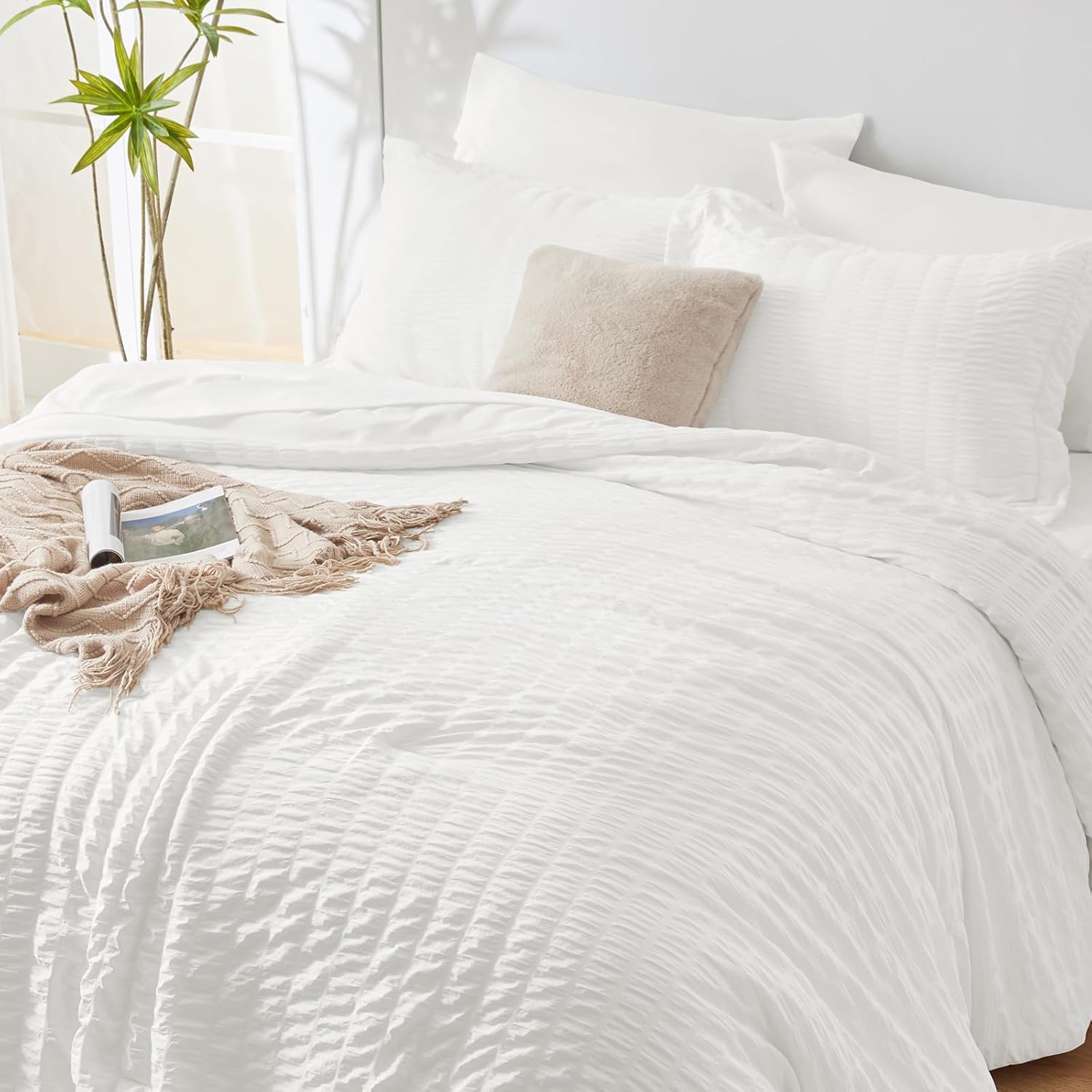 CozyLux Queen Comforter Set White Seersucker 7 Piece Bed in a Bag