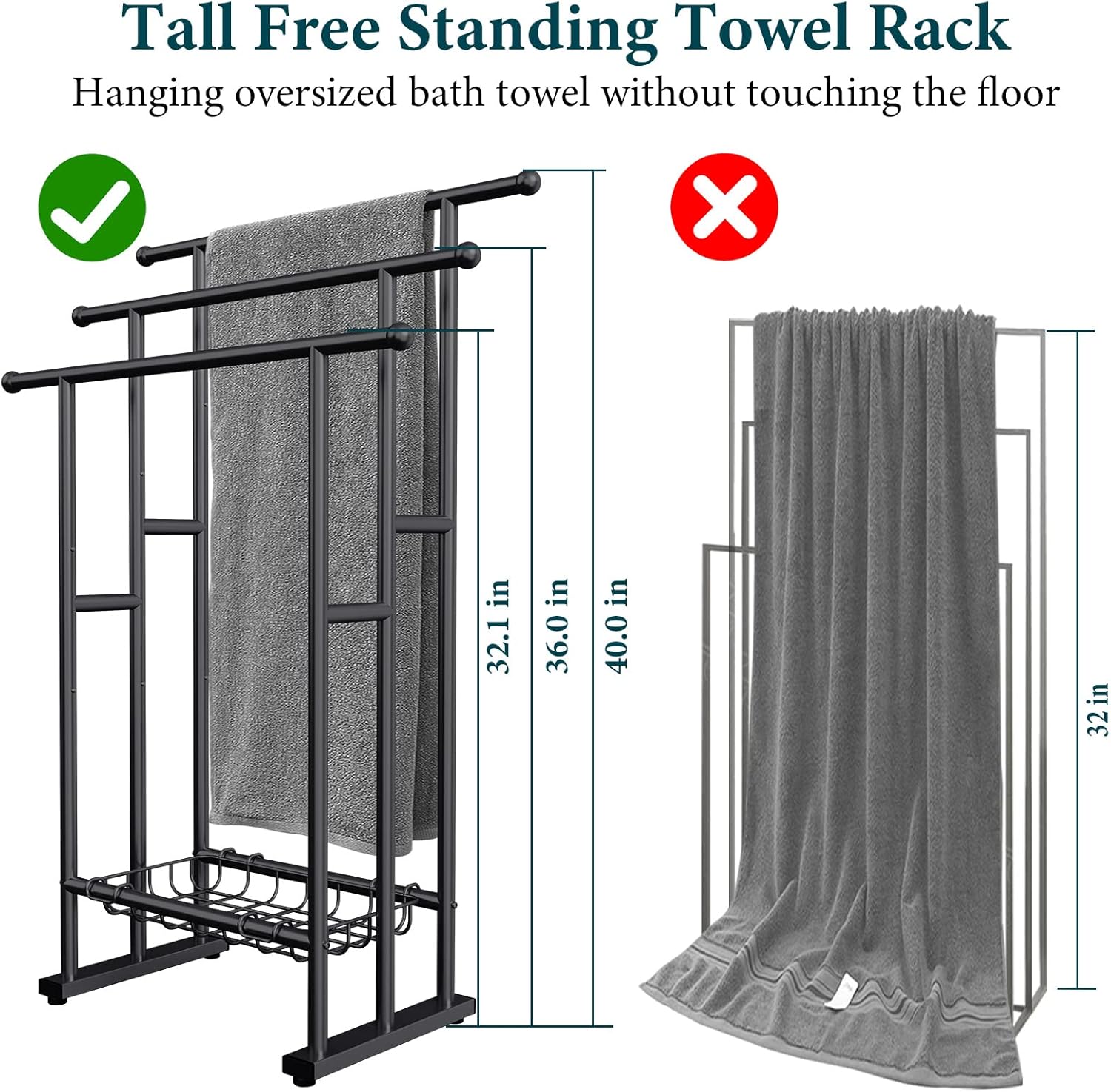 Kayfia 40 Inch Free Standing Towel Rack 3 Tier with Basket Black