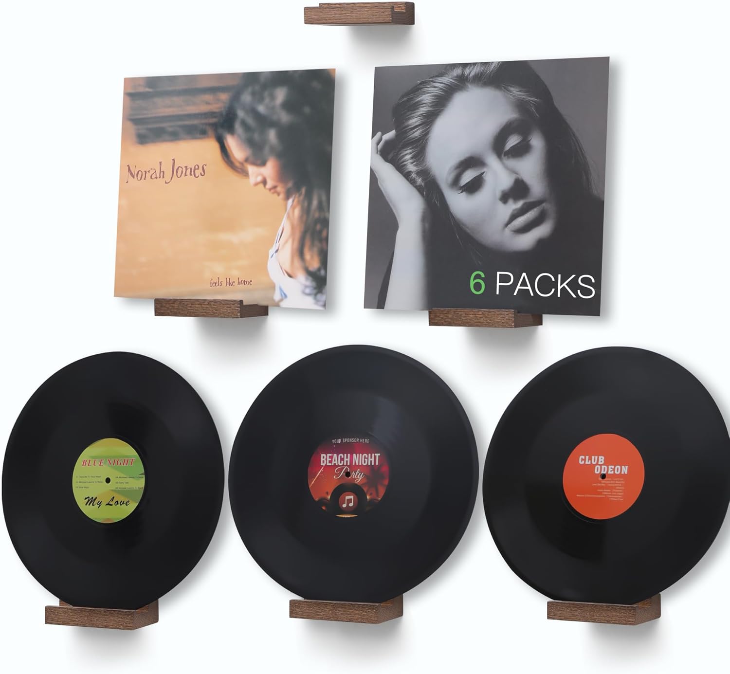Wood Vinyl Record Shelf Wall Mount 6 Light Walnut