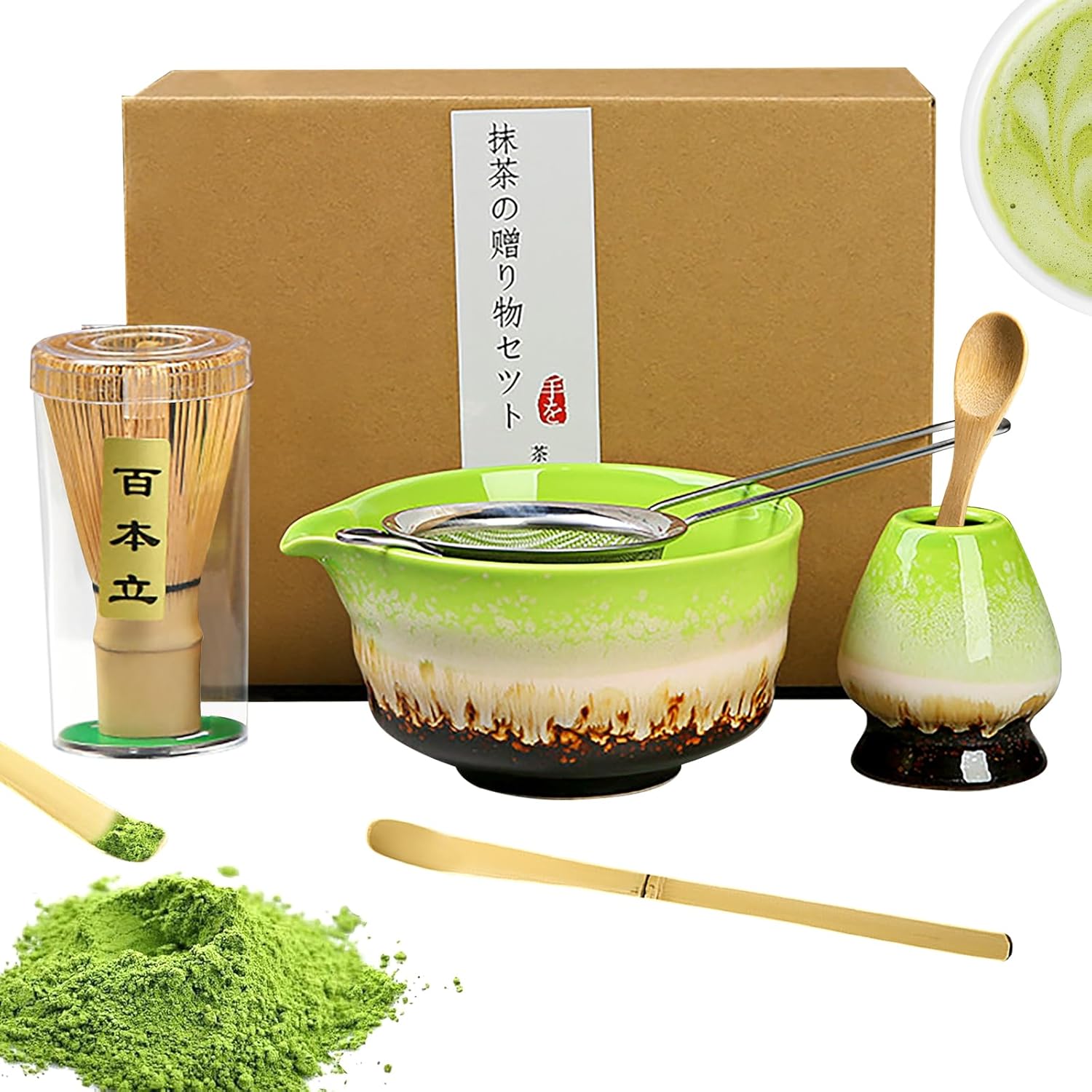 Japanese Matcha Set - Ceremony Tools with Bamboo Whisk Scoop Sifter Bowl Holder