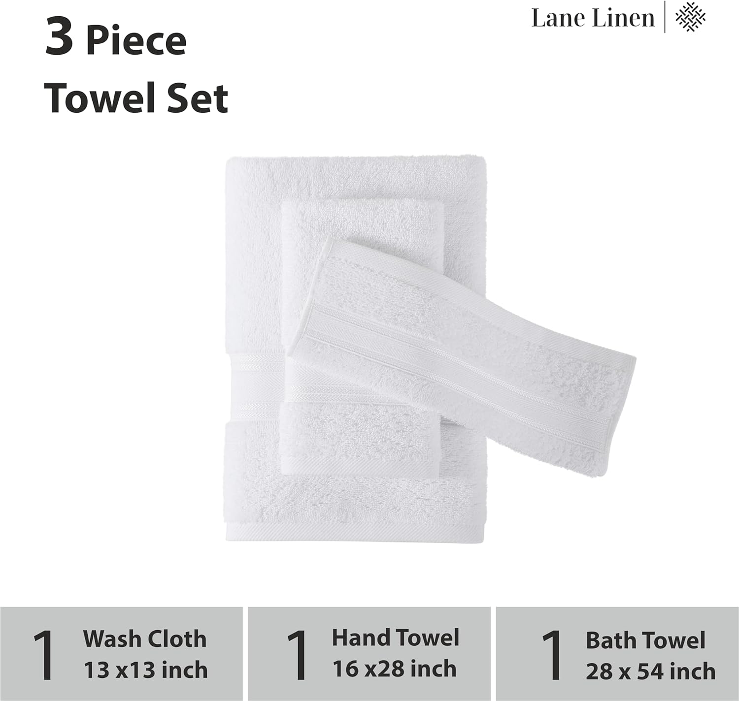 Lane Linen Luxury Bath Towel Set 3 Piece White