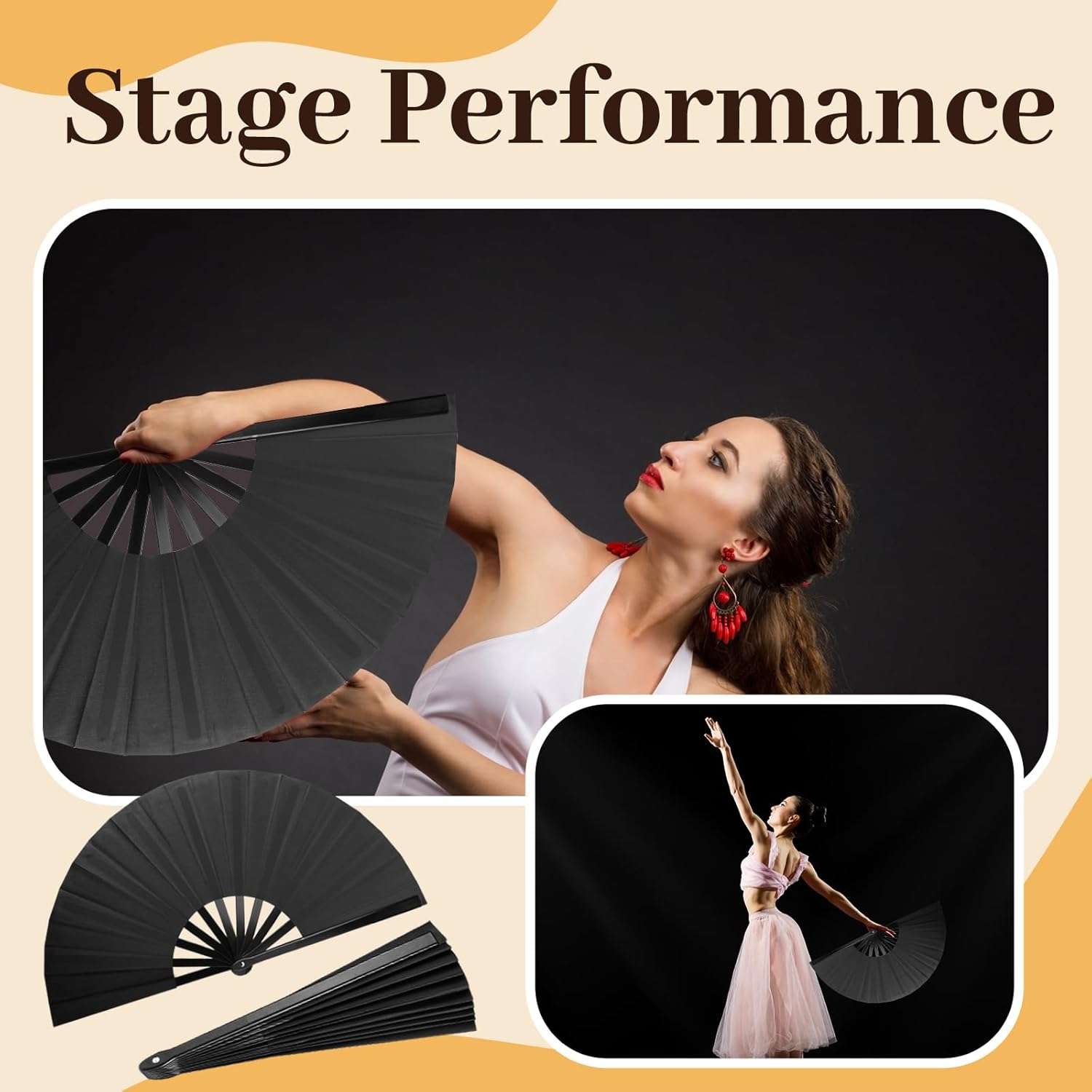 8pcs Large Folding Fans Set for Line Dance and Popping - Black