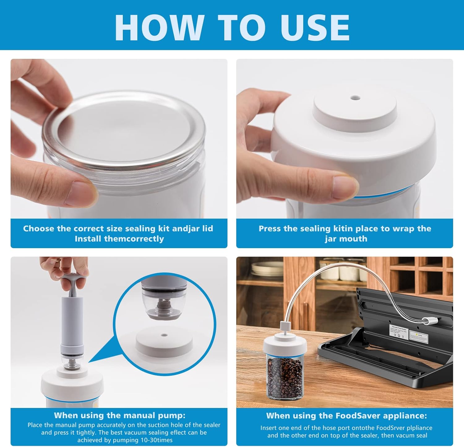 Mason Jar Vacuum Sealer Kit with Manual Pump and 5 Lids