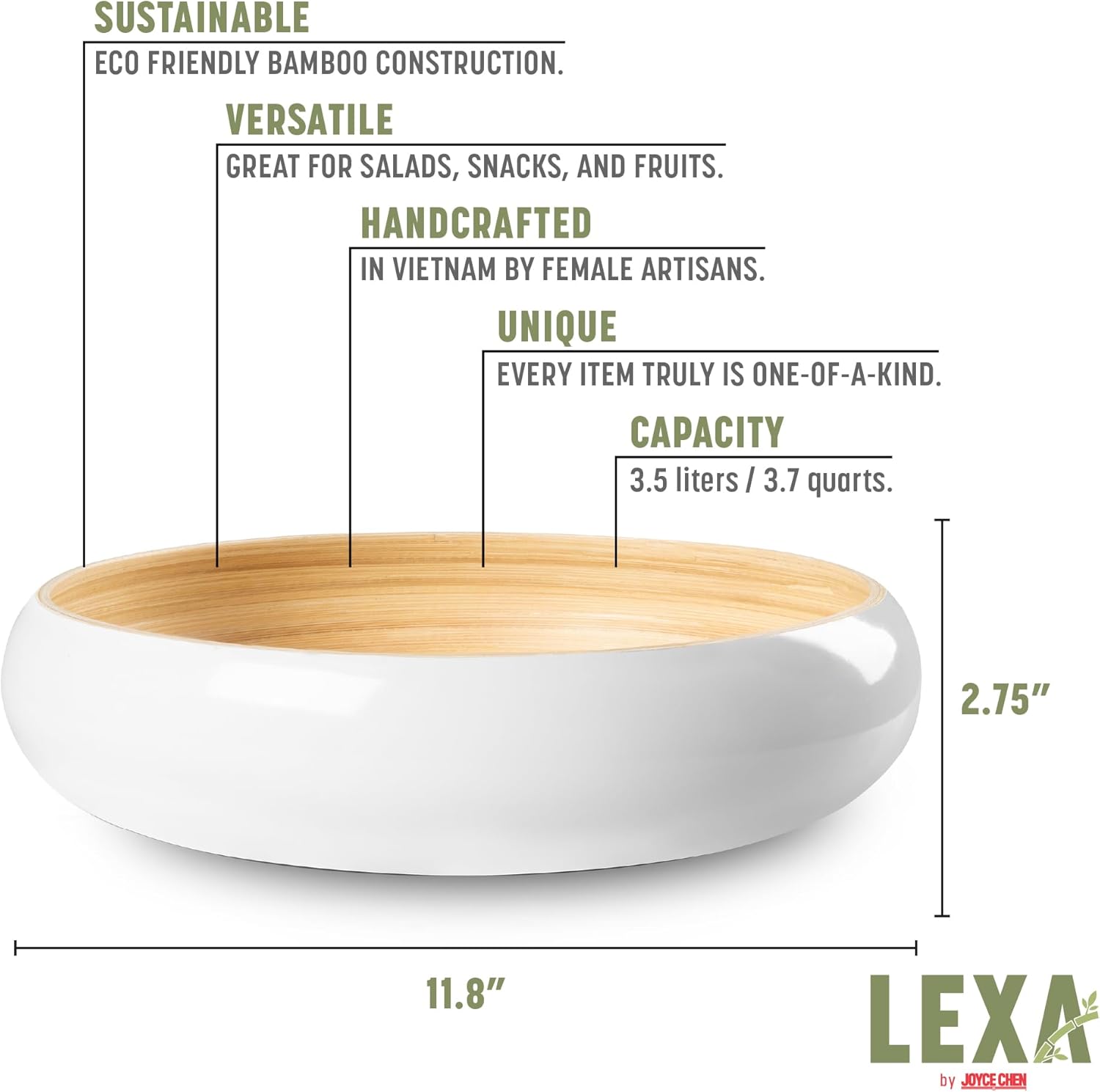 LEXA 12 Inch White Bamboo Salad Bowl - 130 Oz Lightweight