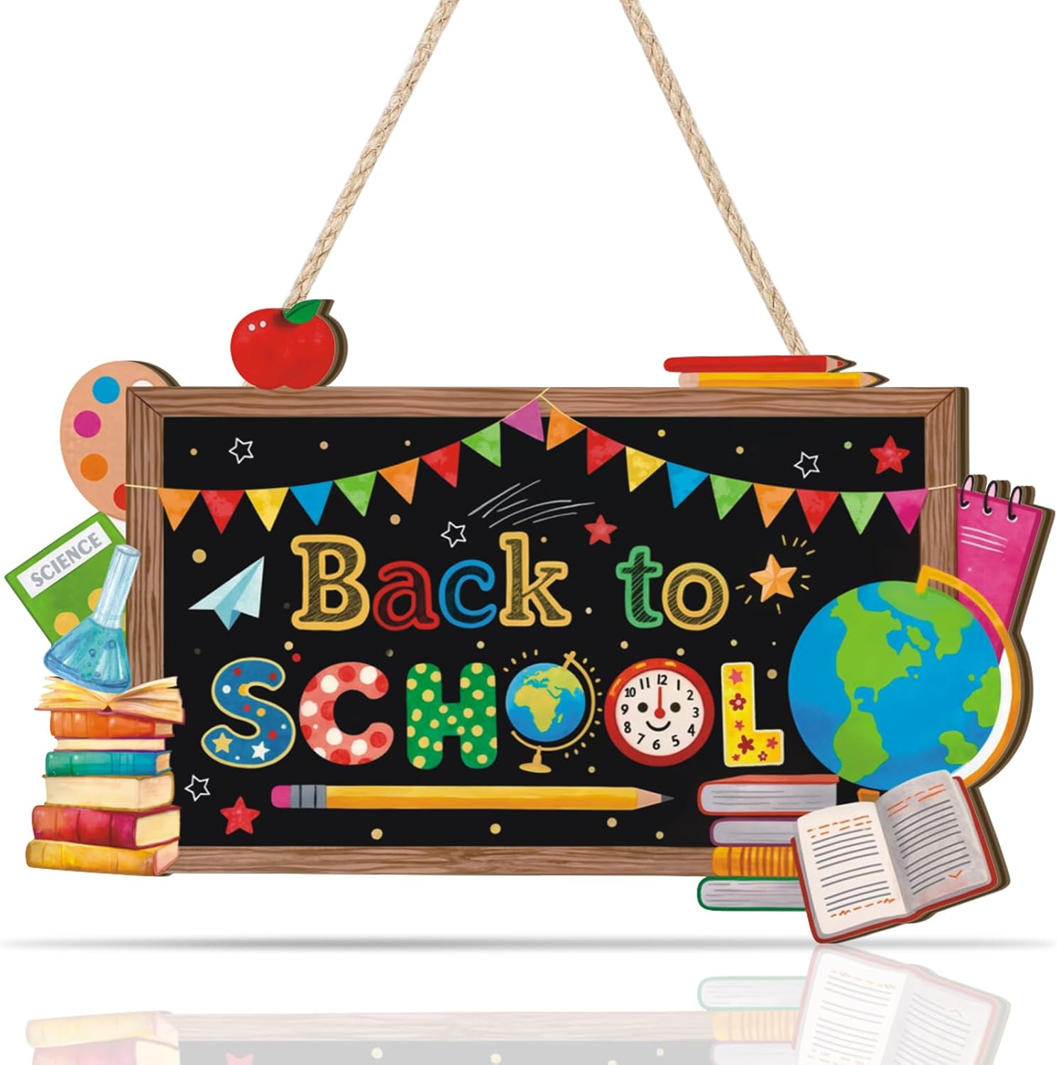 Aryroi Back to School Wood Sign with Books and Apple