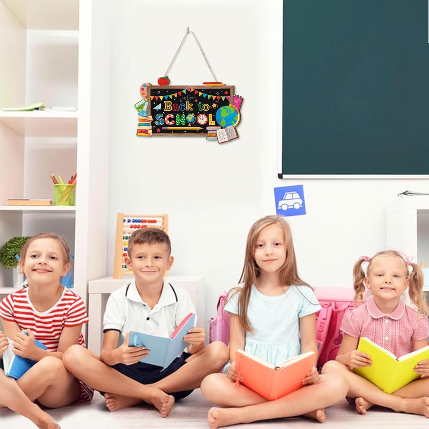 Aryroi Back to School Wood Sign with Books and Apple