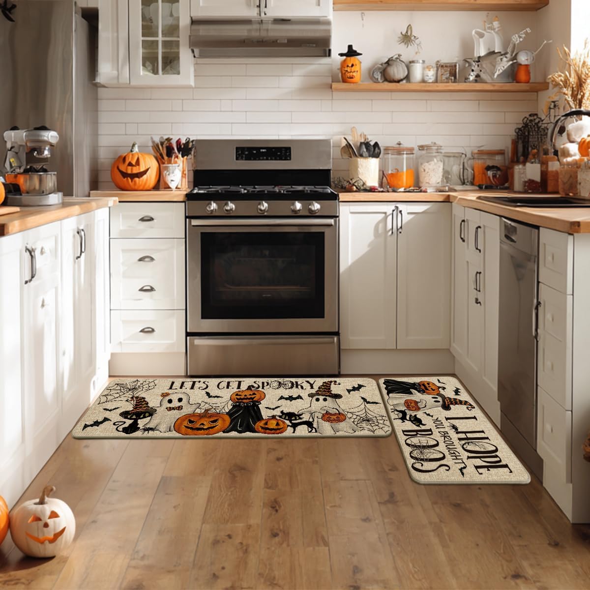 Artoid Mode Halloween Kitchen Mats Set of 2 Black Cat Spider Web