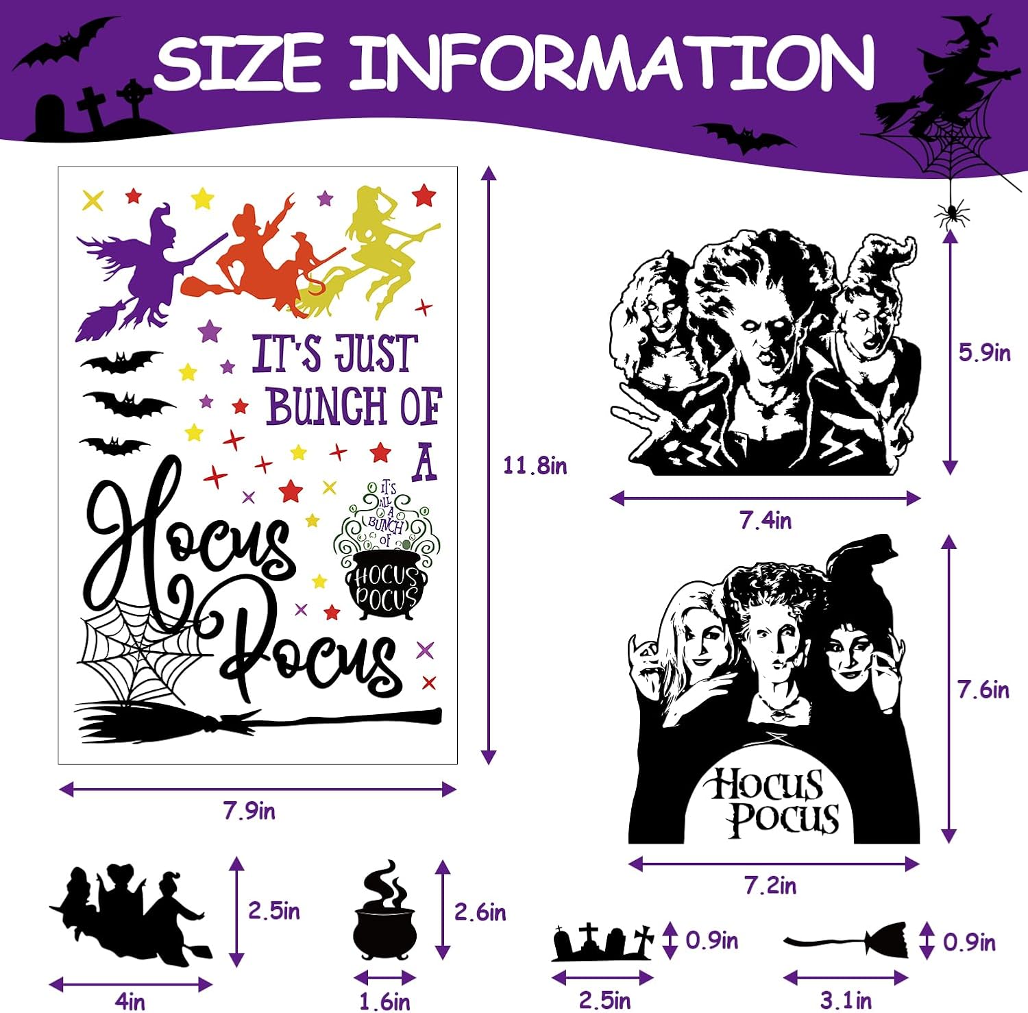 GreenPine 6Pcs Halloween Window Clings Witch Decals Bats Spider Webs